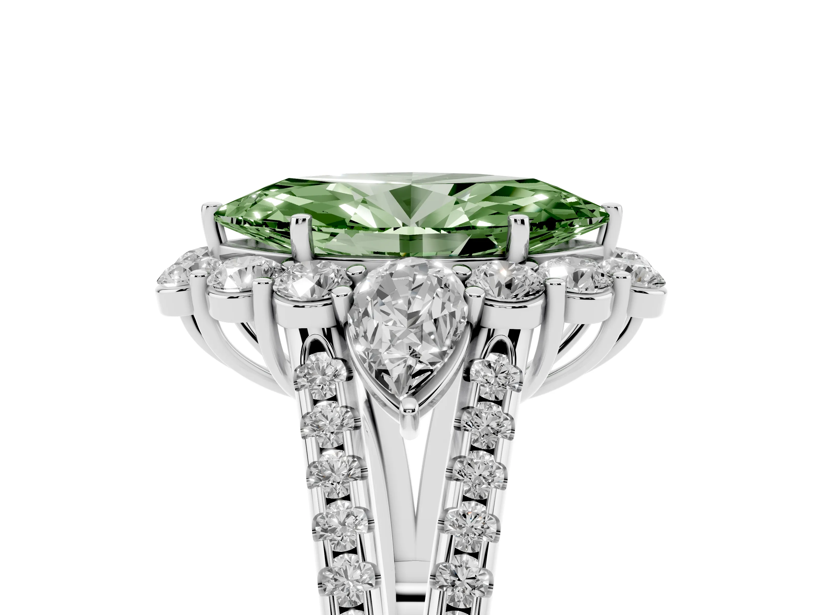 Fancy Green Marquise Cut Diamond Halo Split Shank Engagement Ring Set in White gold with Prong-Held Center Stone
