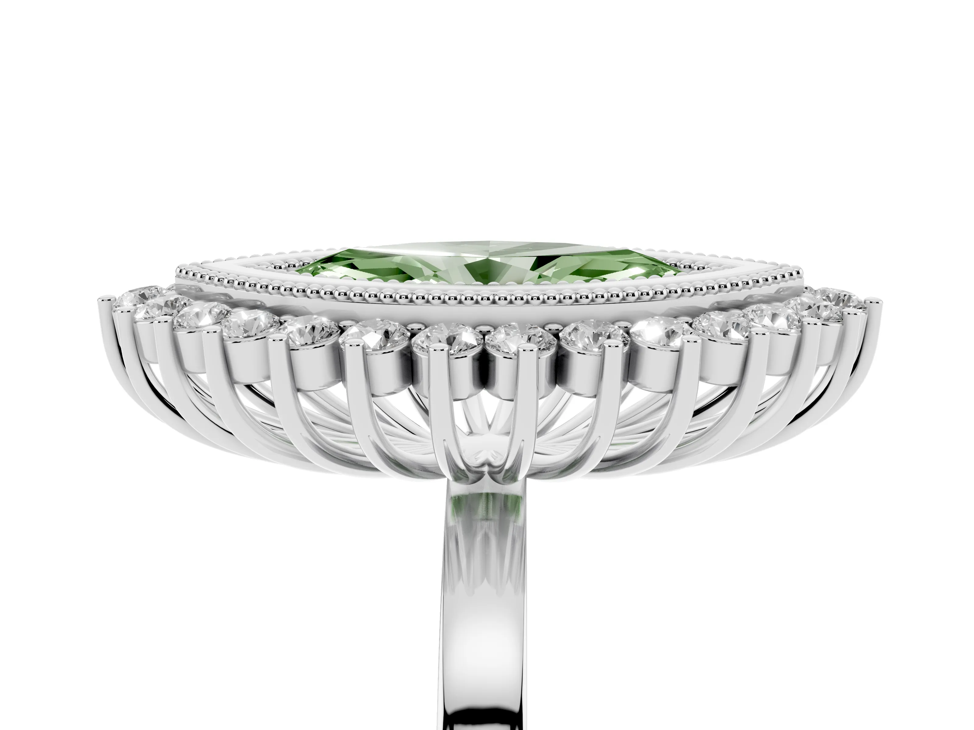 Fancy Green Marquise Cut Diamond Halo Ring Set in Platinum with Milgrain Edge and Round Prong Setting