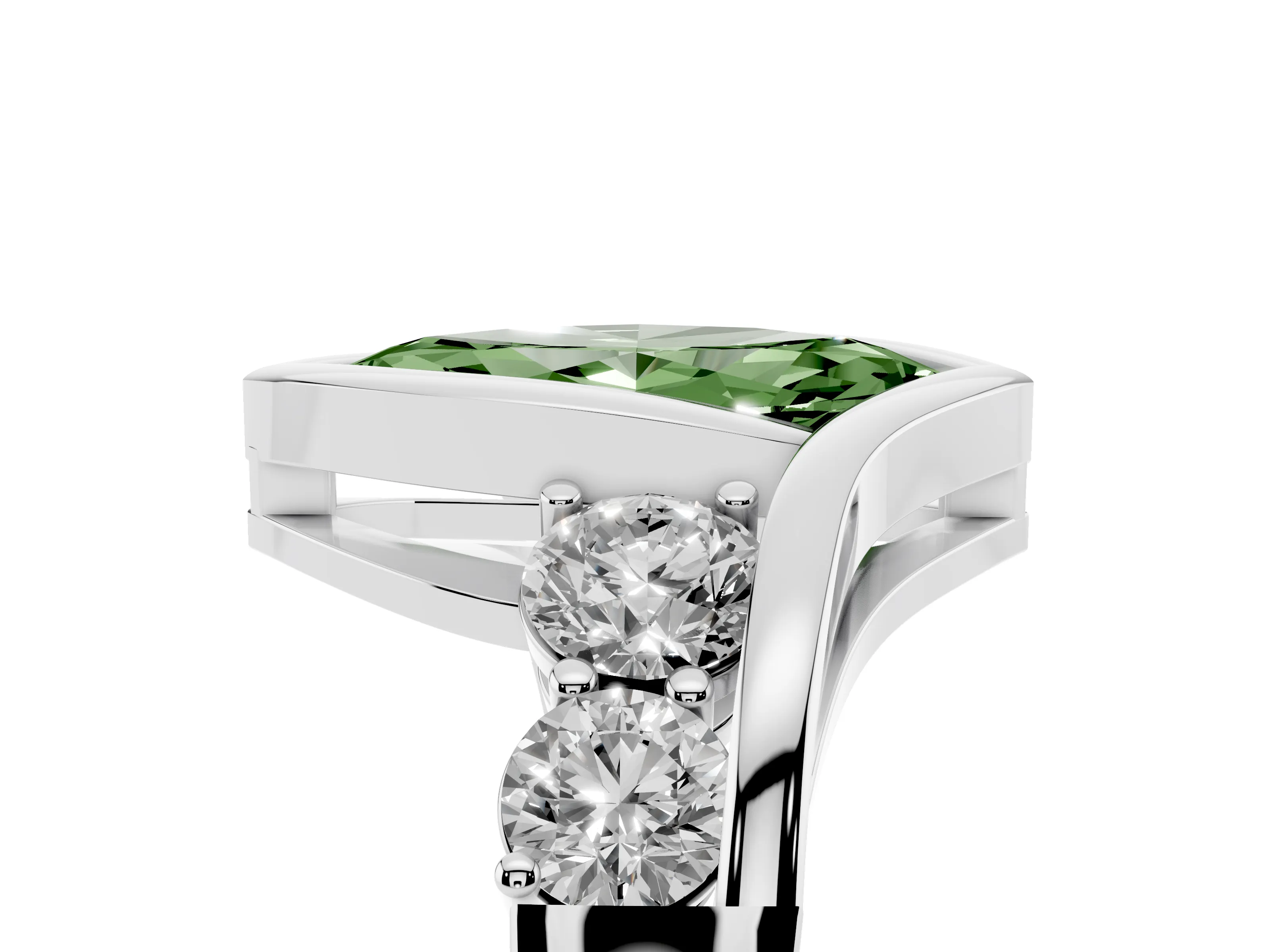 Fancy Green Marquise Cut Diamond Bezel Bypass Ring Set in Silver with Round Accents
