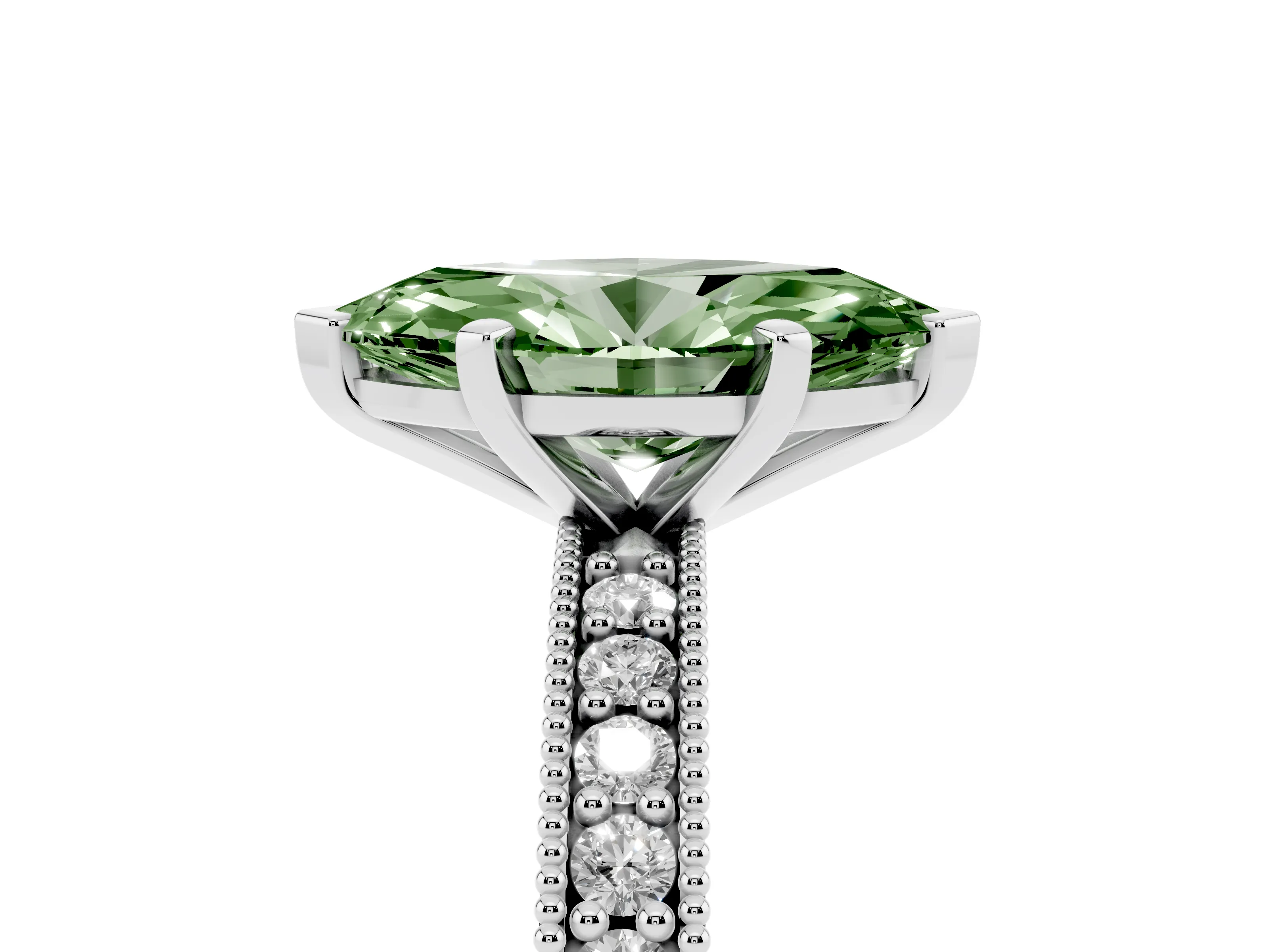 Fancy Green Marquise Cut Diamond Milgrain Pavé Engagement Ring Set in Platinum with Prong Setting