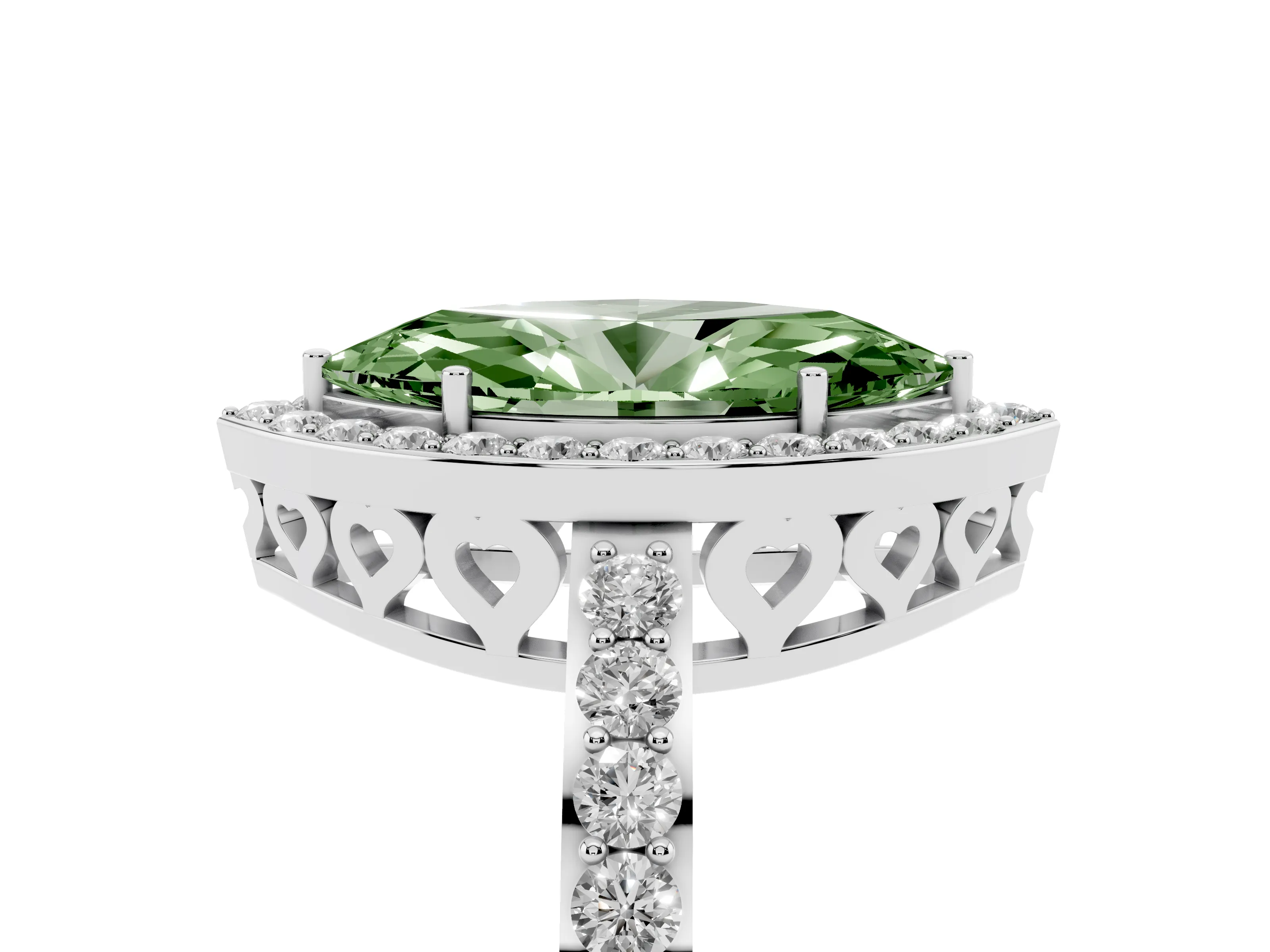 Fancy Green Marquise Cut Diamond Halo Ring Set in White gold with Pavé-Setting Band and Open Prong Center
