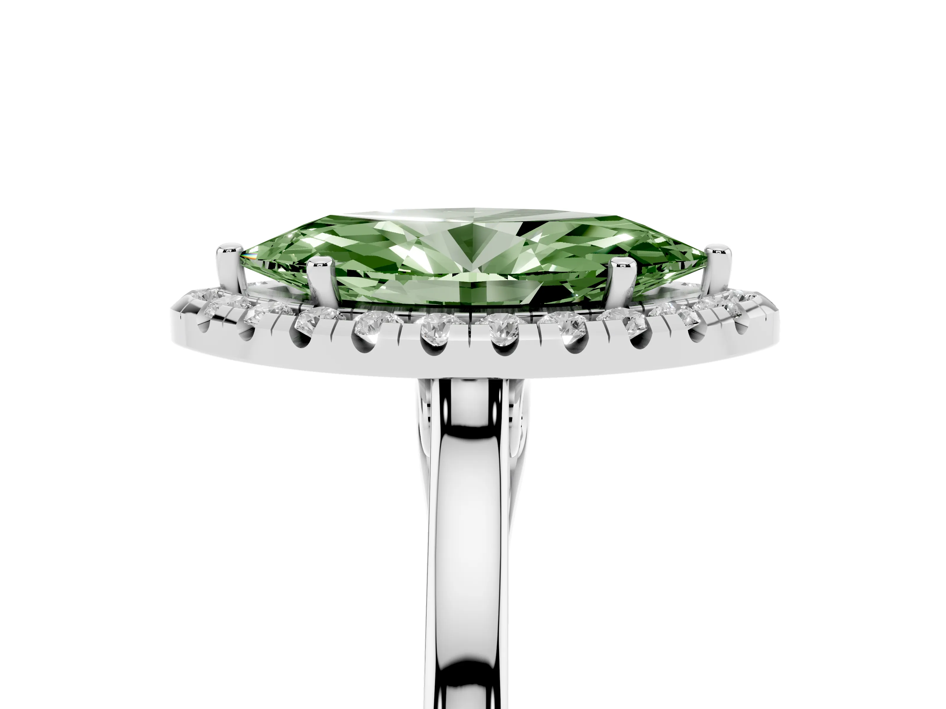Fancy Green Marquise Cut Halo Round Diamond Solitaire Ring Set in Platinum with Pavé Band and Prong Setting