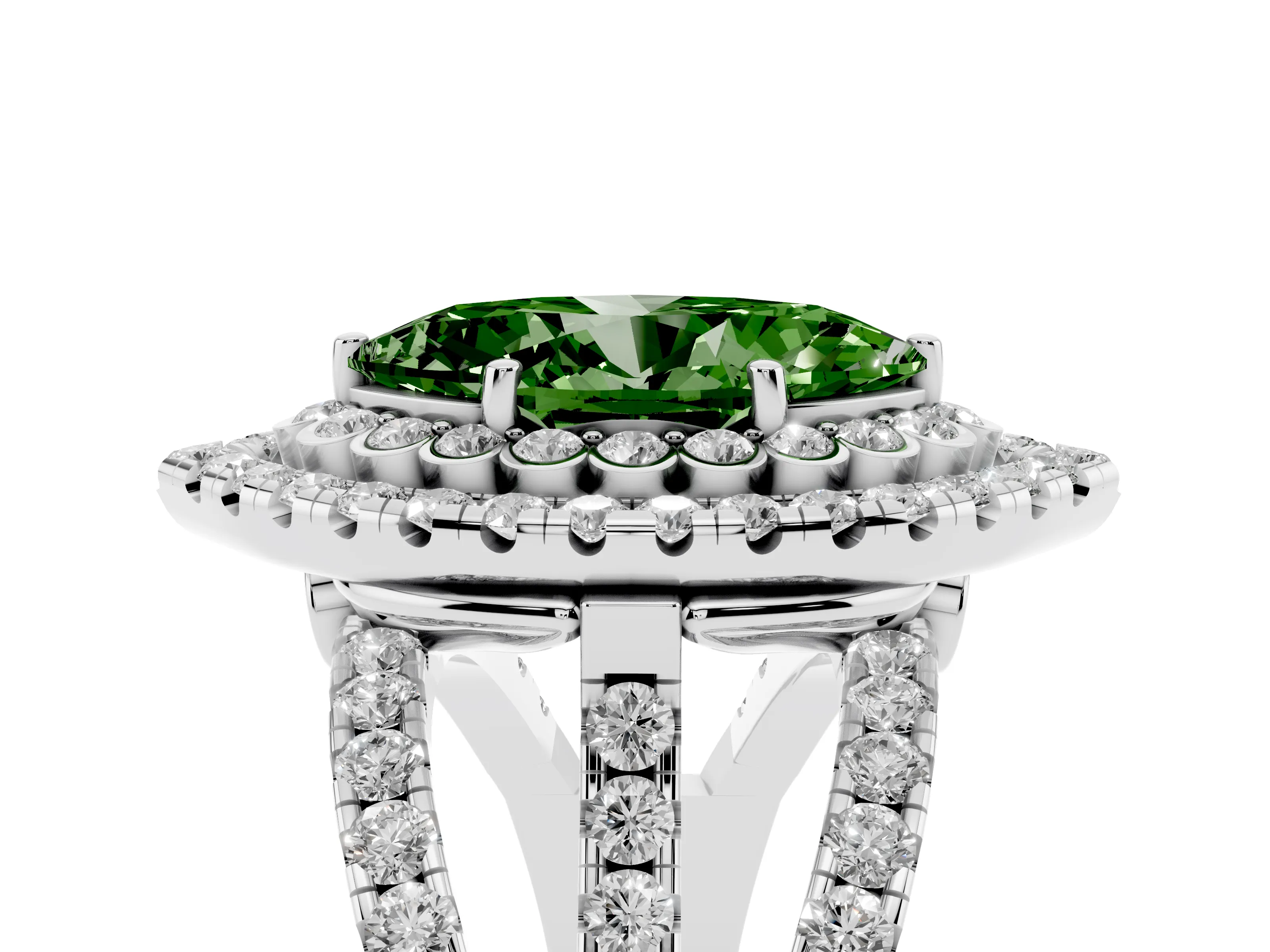 Fancy Green Marquise Cut Diamond Double Halo Ring Set in White gold with Round Pavé Split Shank