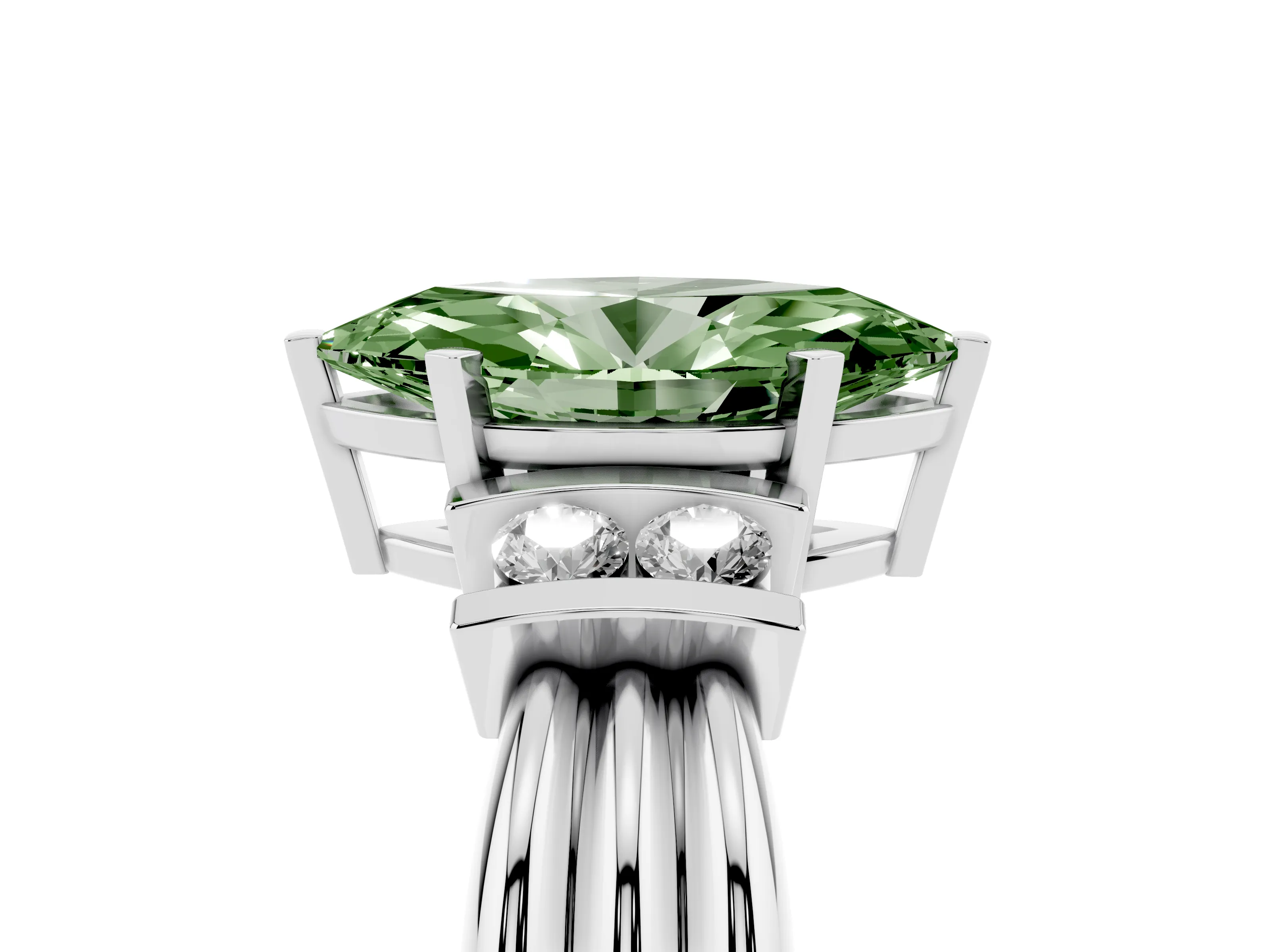 Fancy Green Three-Stone Marquise Cut Diamond Channel Set Ring Set in White gold with Bar Prongs