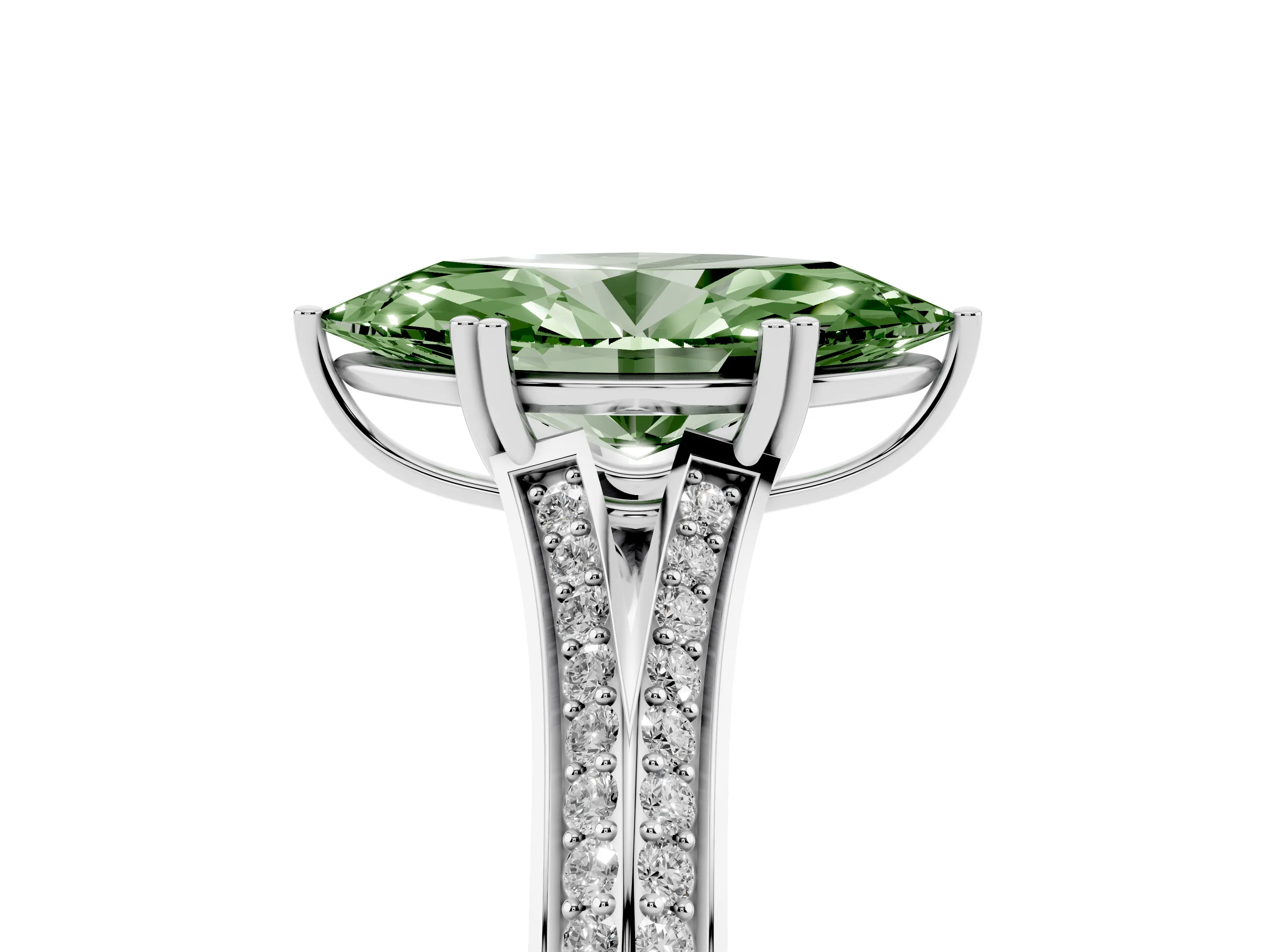 Fancy Green Marquise Cut Diamond Split Shank Pavé Engagement Ring Set in White gold with Prong-Set Center Stone