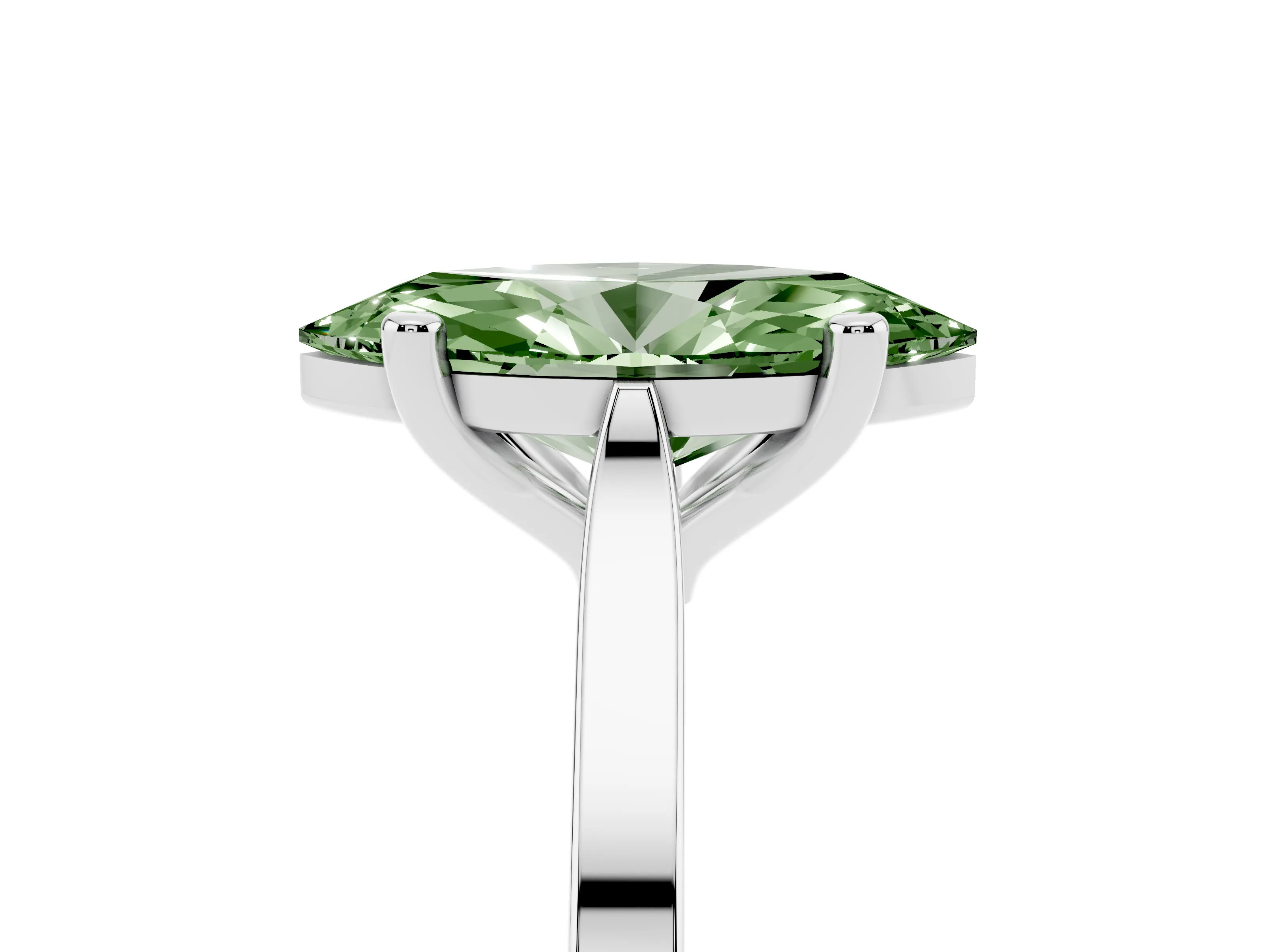 Fancy Green Marquise Cut Diamond Solitaire Ring Set in Platinum with Prong Setting and Tapered Band