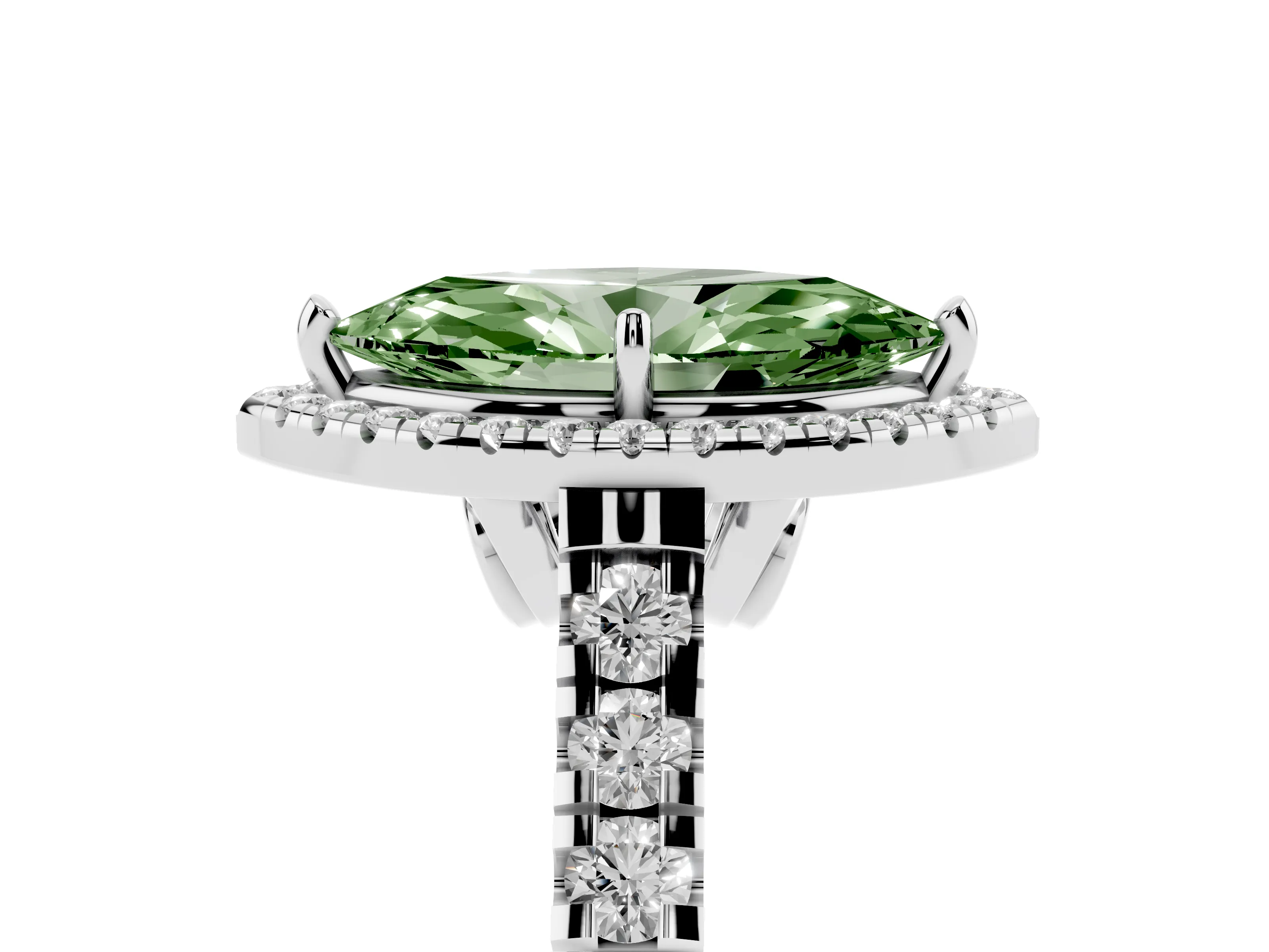Fancy Green Marquise Cut Diamond Halo Engagement Ring Set in Platinum with Pavé Band and Prong-Set Center