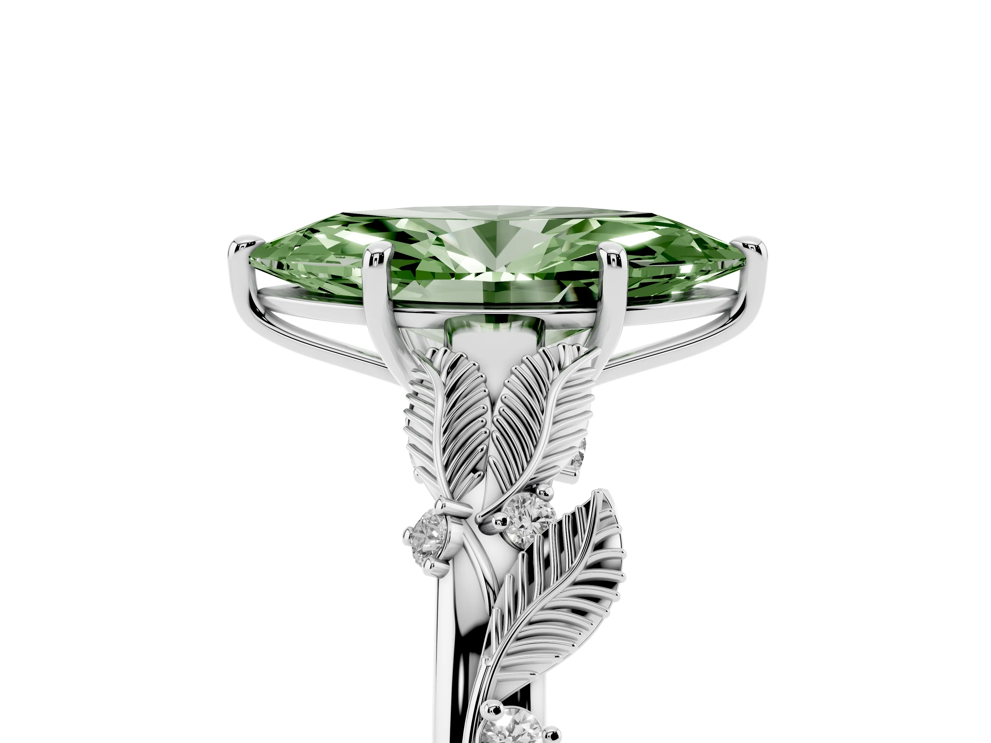 Fancy Green Marquise Cut Diamond Solitaire Ring Set in White gold with Leaf Motif Band