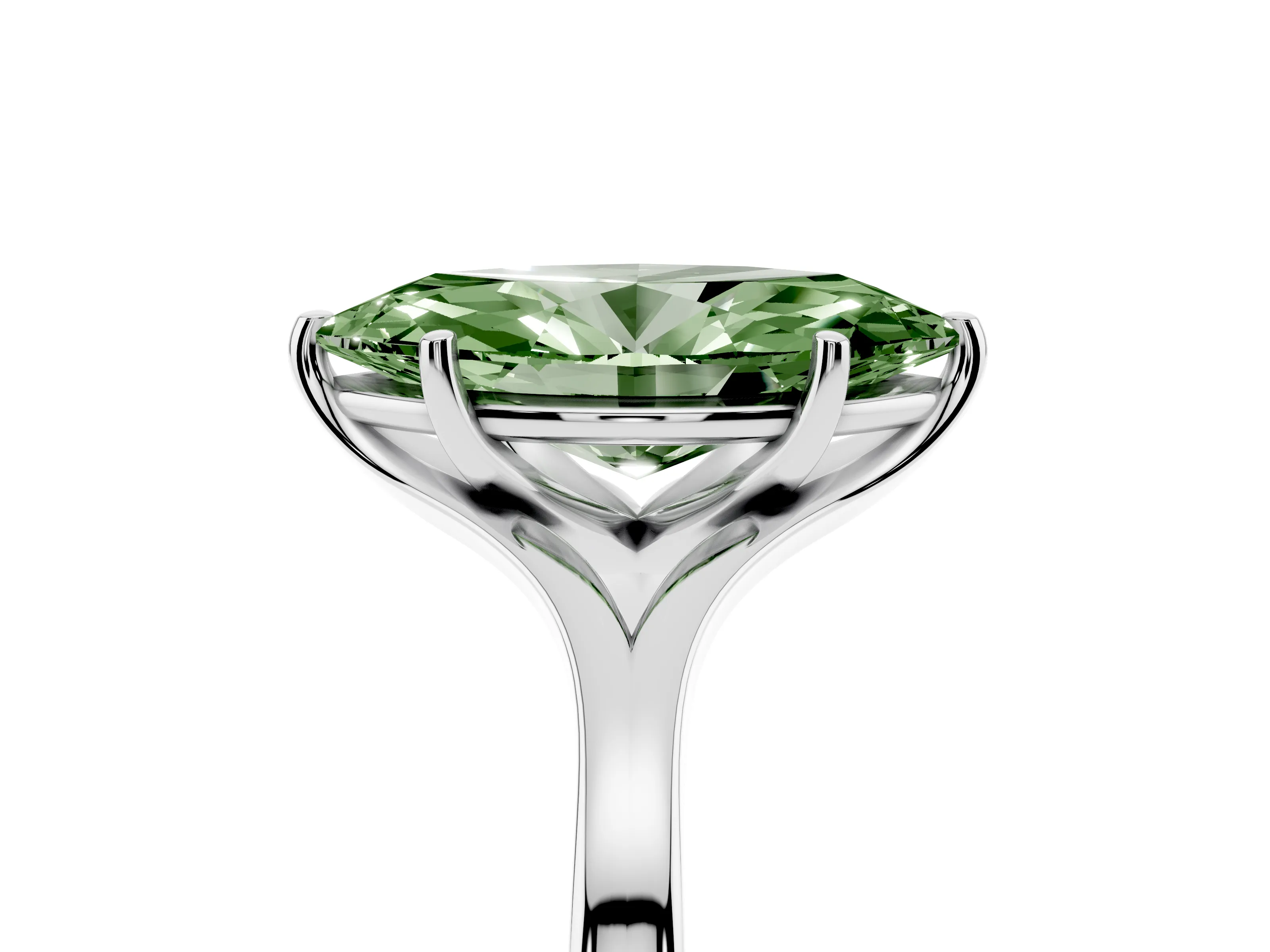 Fancy Green Marquise Cut Diamond Solitaire Ring Set in White gold with Polished Tapered Band and Prong Setting