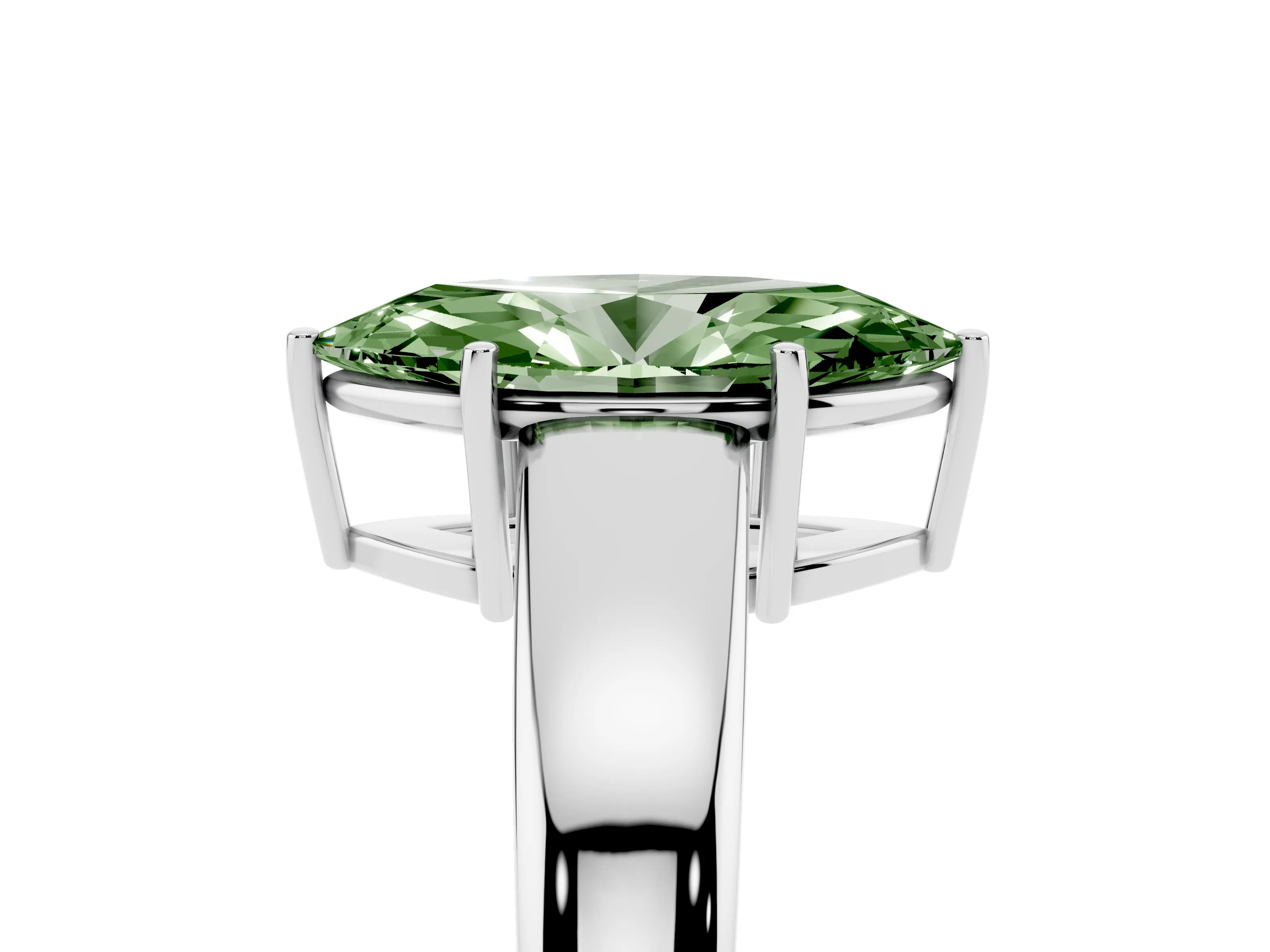Fancy Green Marquise Cut Diamond Solitaire Ring Set in Platinum with Tapered Band and Prong Setting