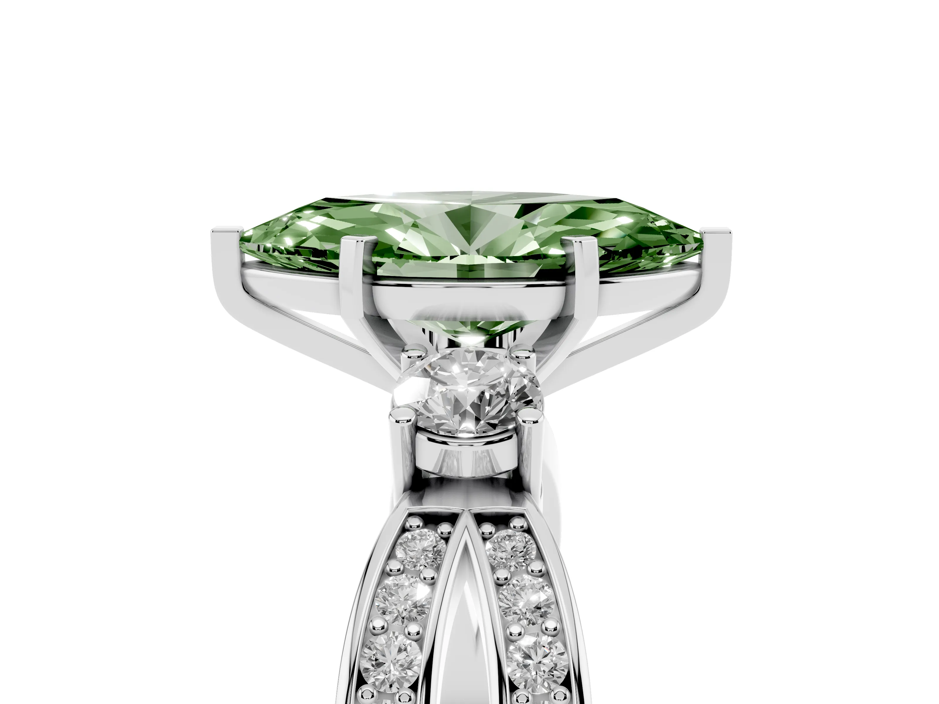 Fancy Green Three-Stone Marquise Cut Diamond Twist Band Ring Set in Silver with Pavé Accents and Prong Setting