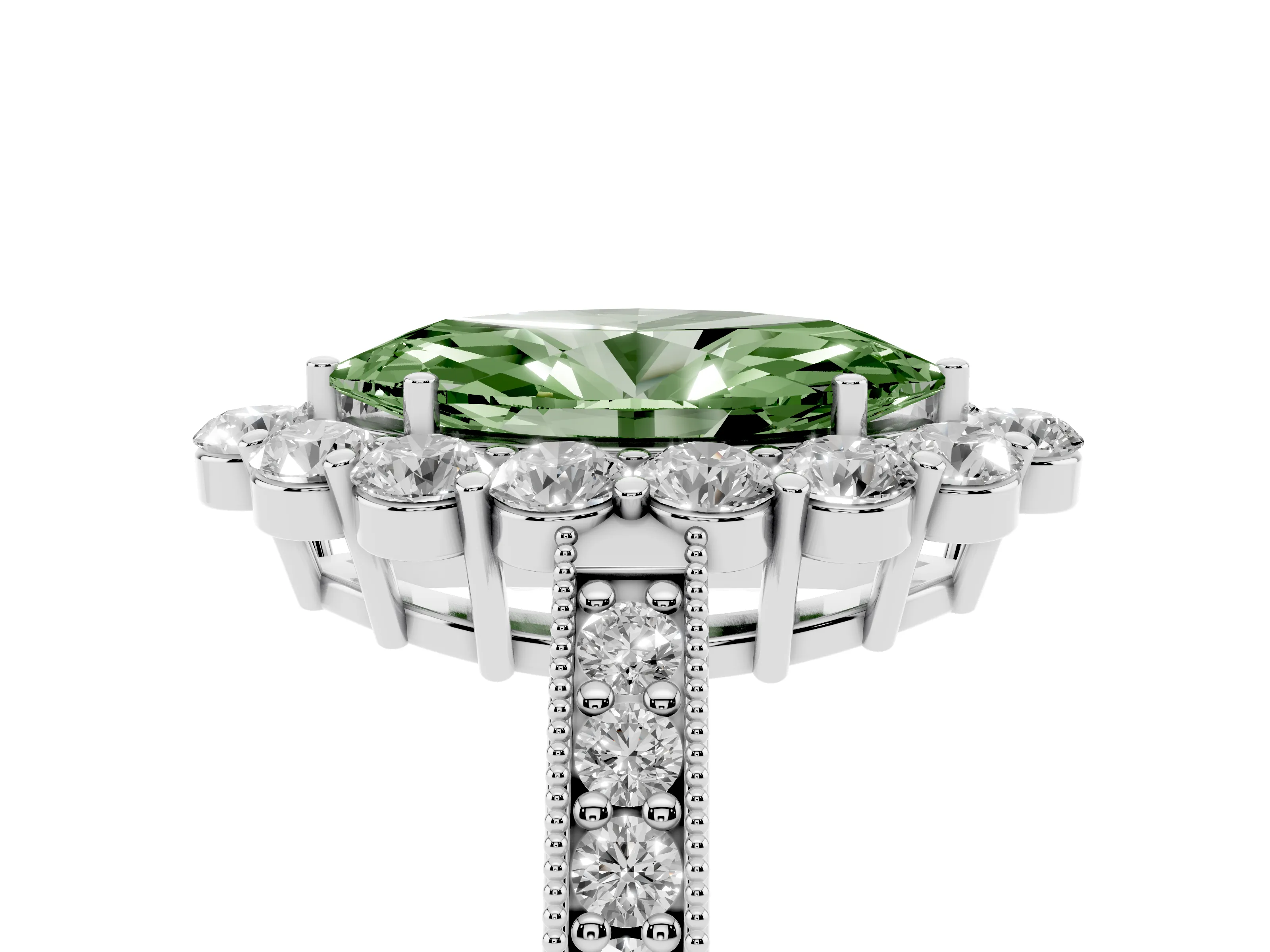 Fancy Green Marquise Cut Diamond Halo Pavé Engagement Ring Set in White gold with Milgrain Detailing