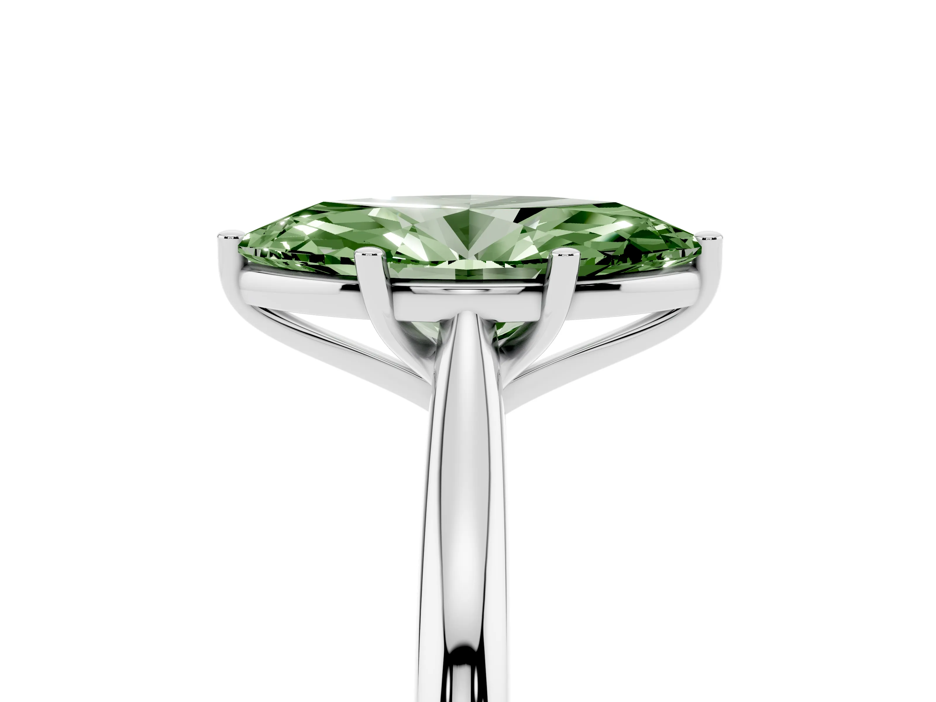 Fancy Green Marquise Cut Diamond Solitaire Ring Set in Silver with Cathedral Band and Prong Setting
