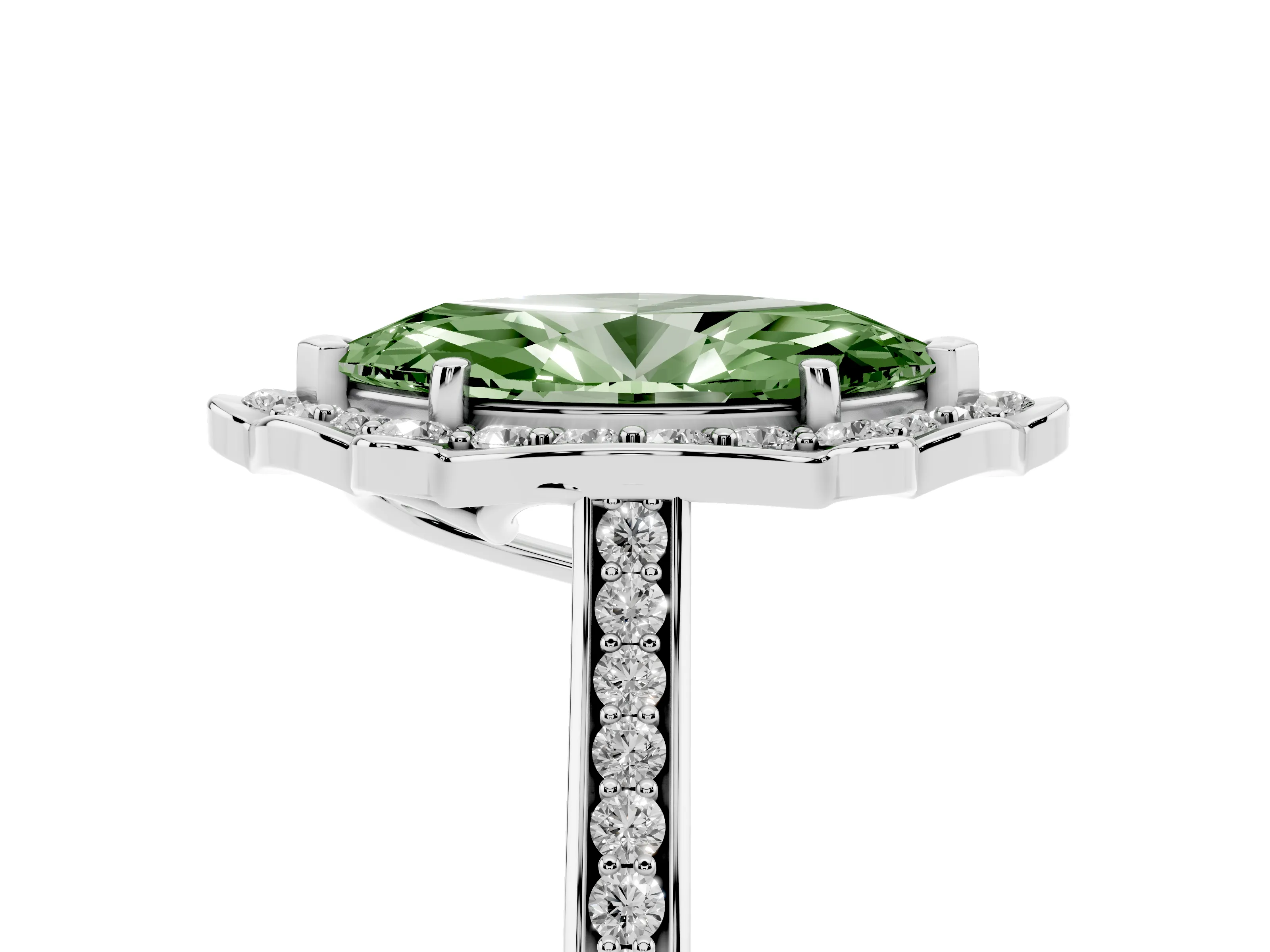 Fancy Green Marquise Cut Diamond Halo Ring Set in White gold with Pavé-Lined Shoulders and Prong Setting