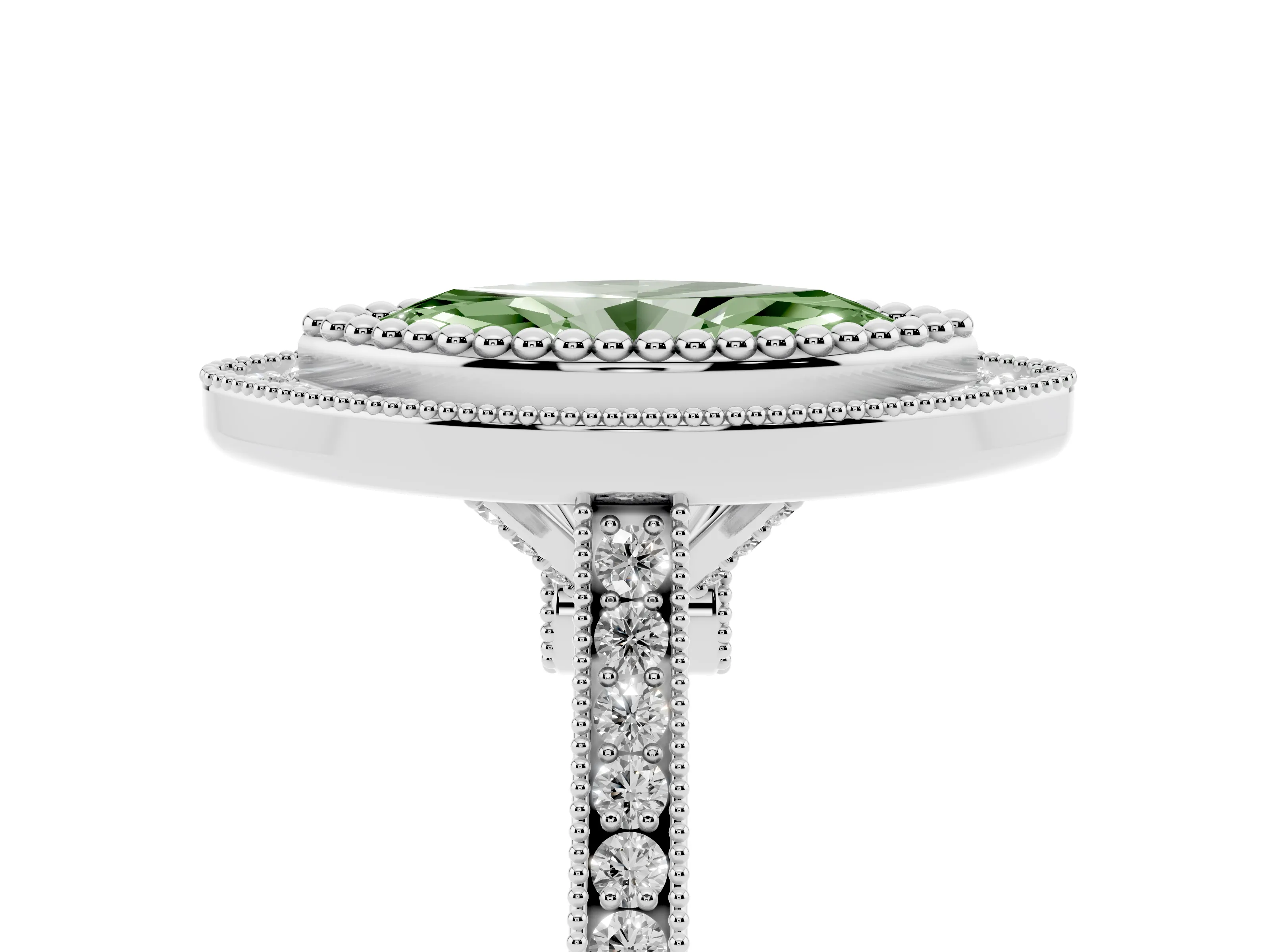 Fancy Green Marquise Cut Diamond Halo Ring Set in Silver with Milgrain Frame and Pavé Band
