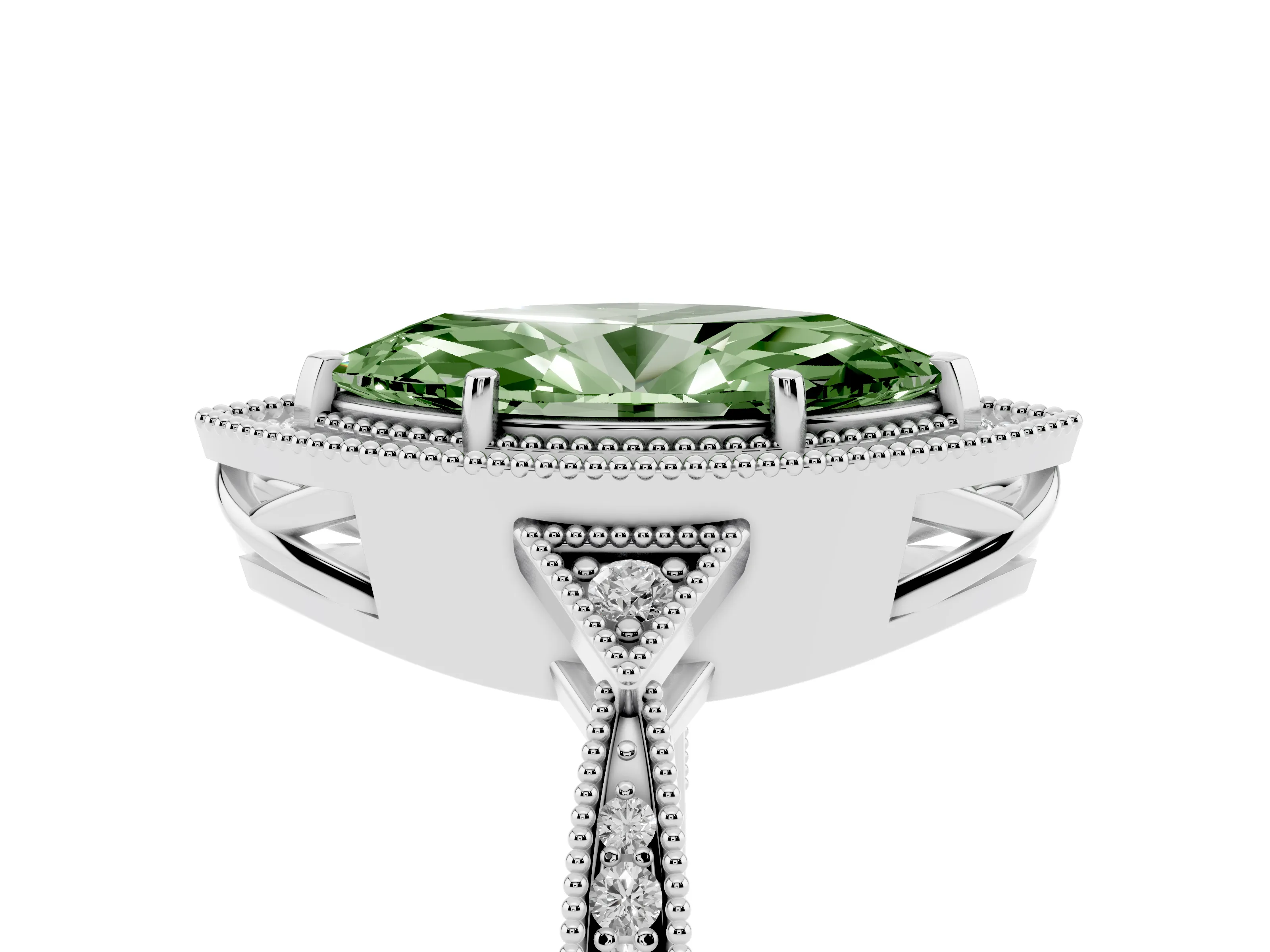 Fancy Green Marquise Cut Diamond Halo Engagement Ring Set in White gold with Milgrain Pavé Band