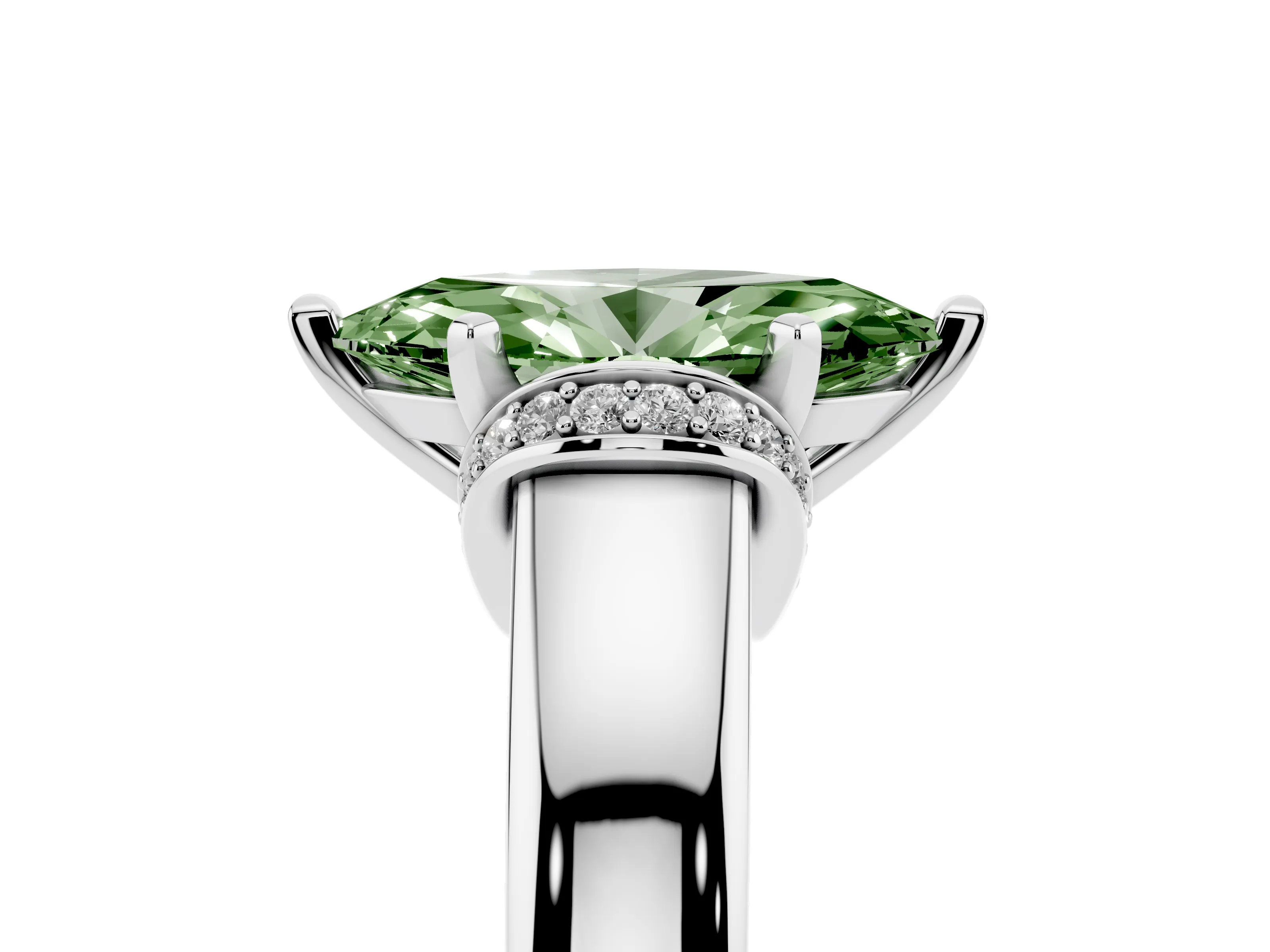 Fancy Green Marquise Cut Diamond Pavé Band Solitaire Ring Set in Silver with Prong Setting
