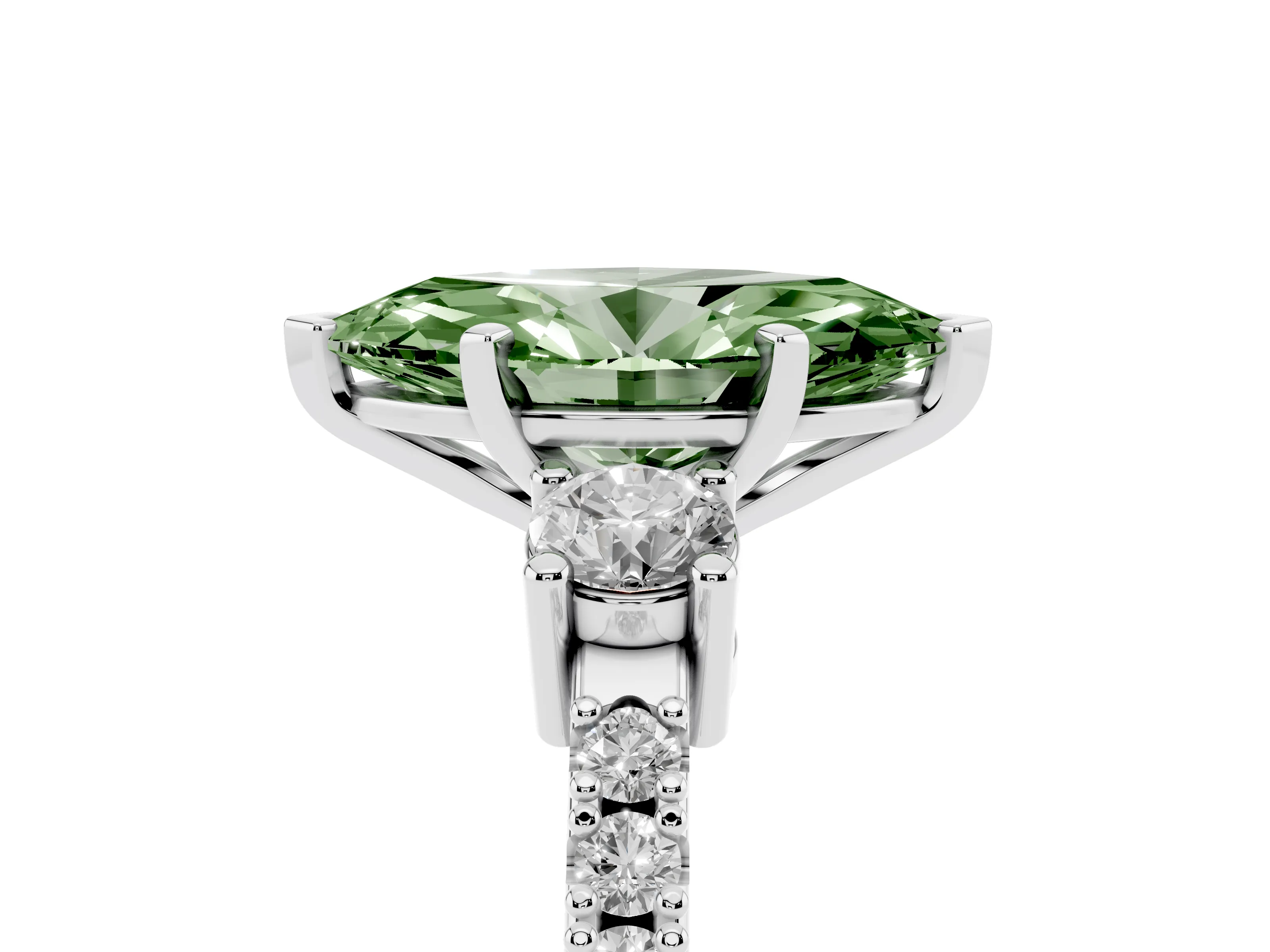 Fancy Green Three-Stone Marquise Cut Diamond Pavé Band Ring Set in Platinum with Prong Setting