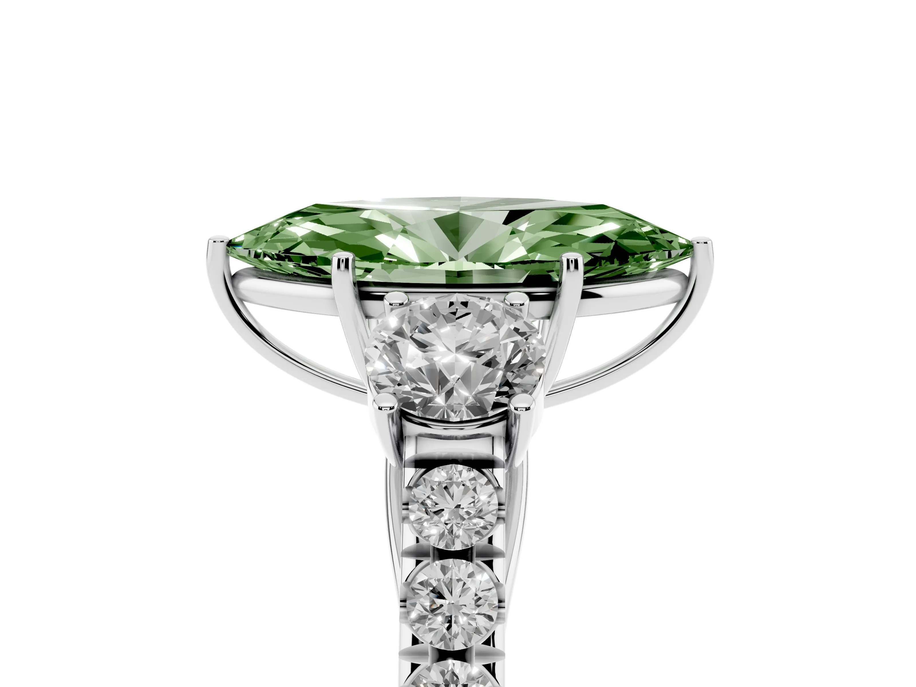 Fancy Green Marquise Cut Diamond Three-Stone Ring Set in Silver with Round Side Stones and Delicate Pavé Band