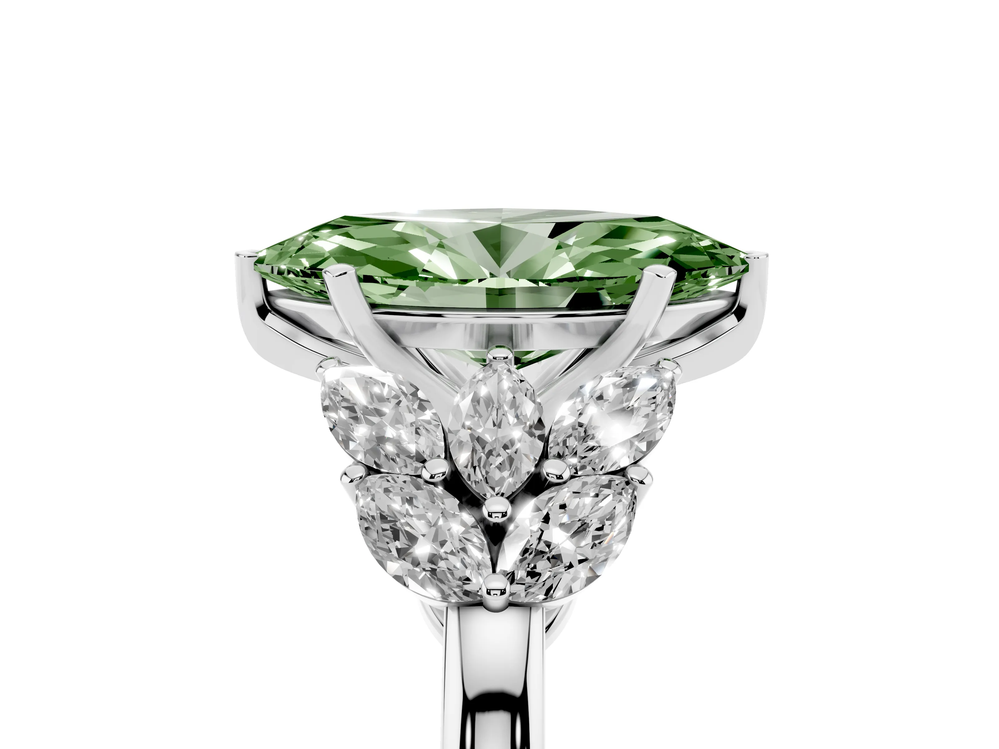 Fancy Green Marquise Cut Diamond Cluster Leaf Design Ring Set in Silver with Prong Setting