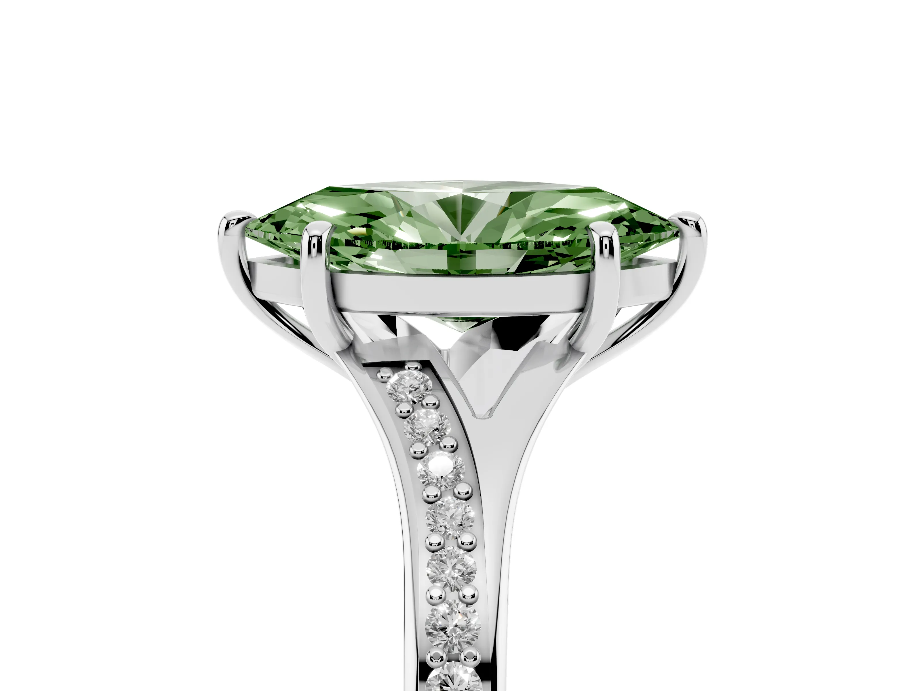 Fancy Green Marquise Cut Diamond Solitaire Ring Set in White gold with Pavé Accent Band and Classic Prong Setting