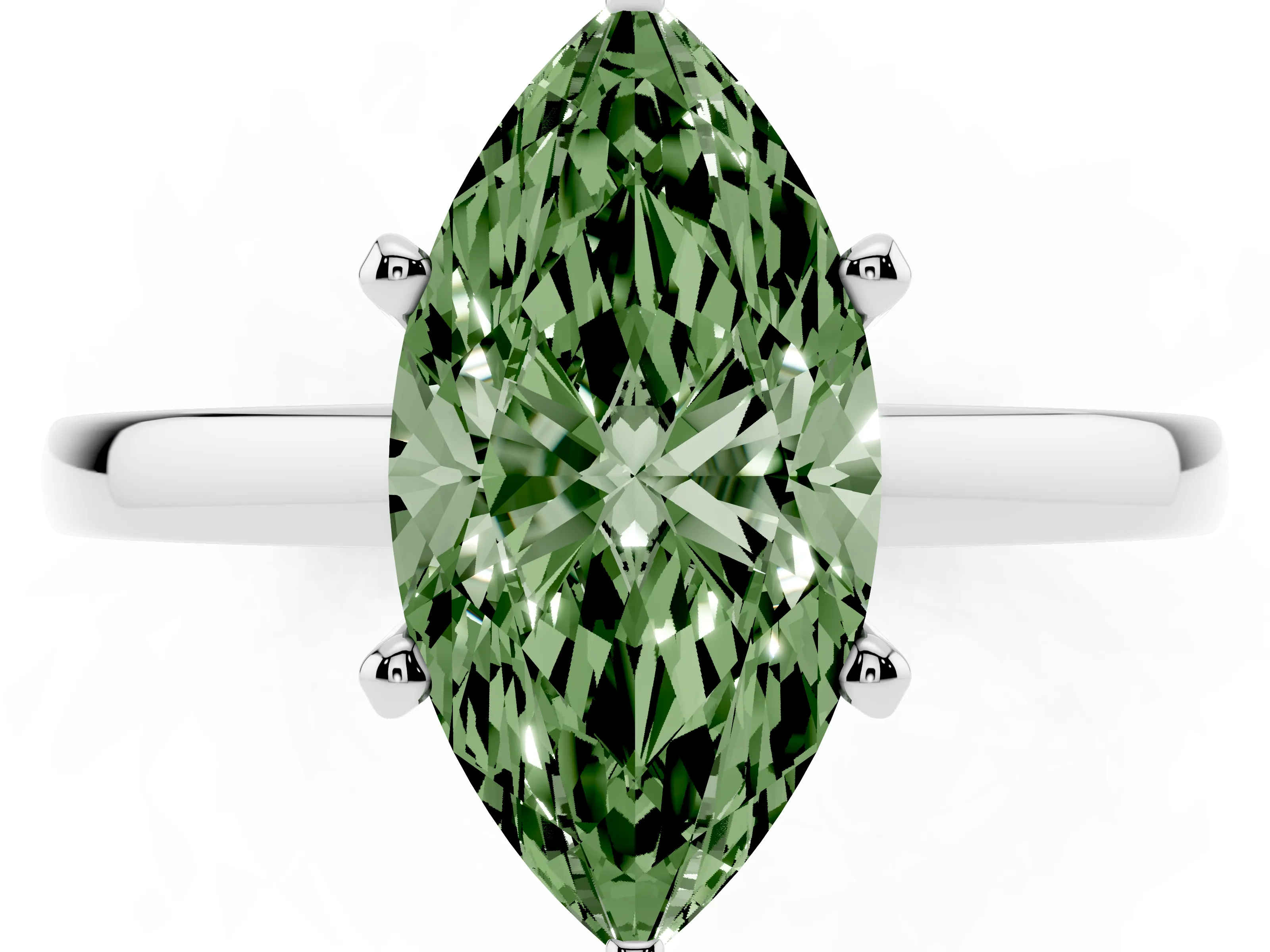 Fancy Green Marquise Cut Diamond Solitaire Engagement Ring Set in Platinum with Prong Setting on a Classic Band