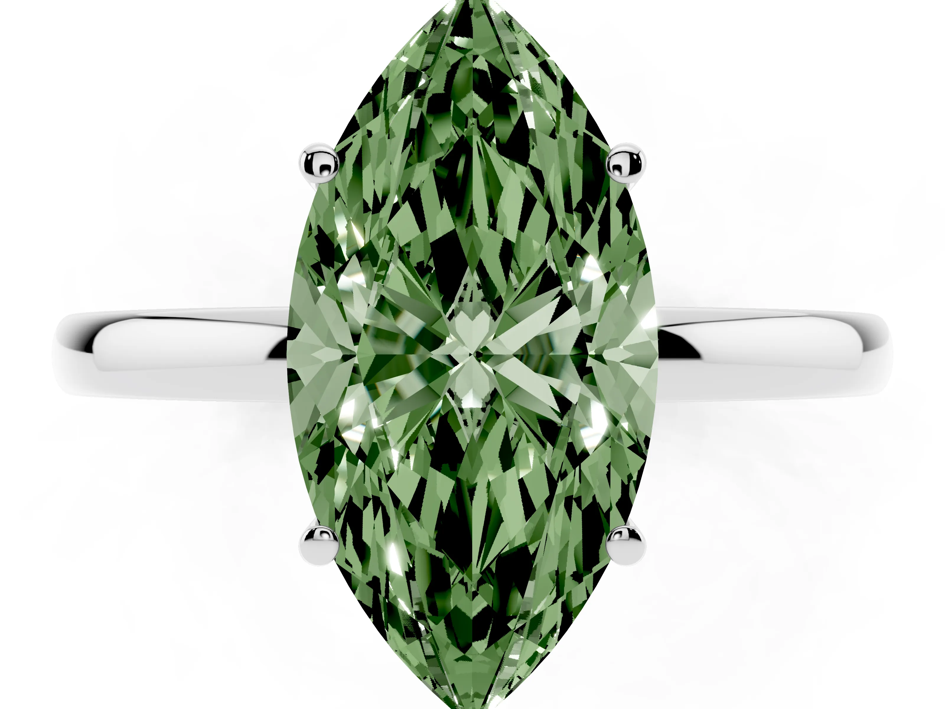 Fancy Green Marquise Cut Diamond Solitaire Ring Set in White gold with Plain Band and Prong Setting