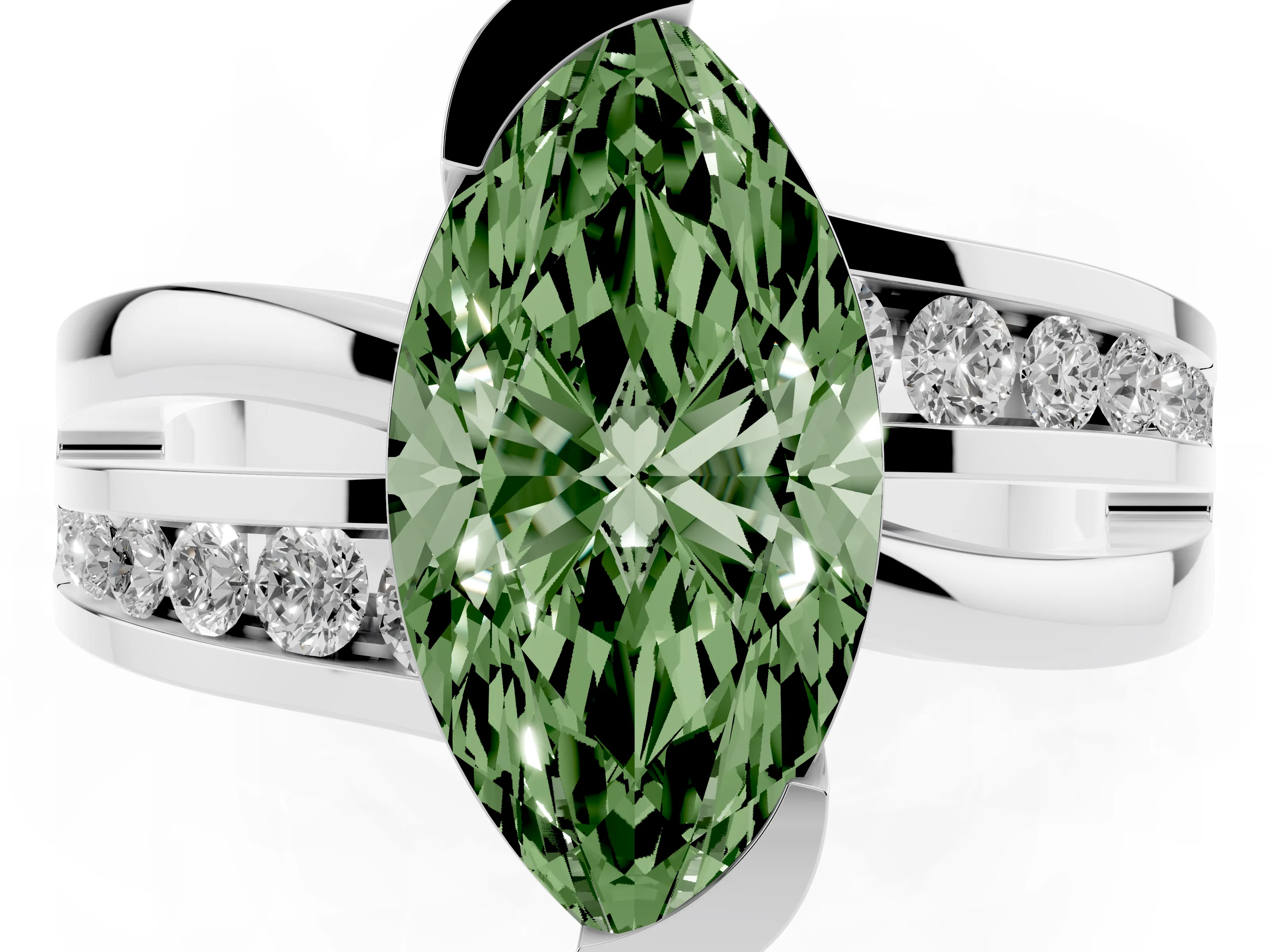 Fancy Green Marquise Cut Diamond Solitaire Ring Set in Silver with Channel Set Split Shank and Tension Prongs