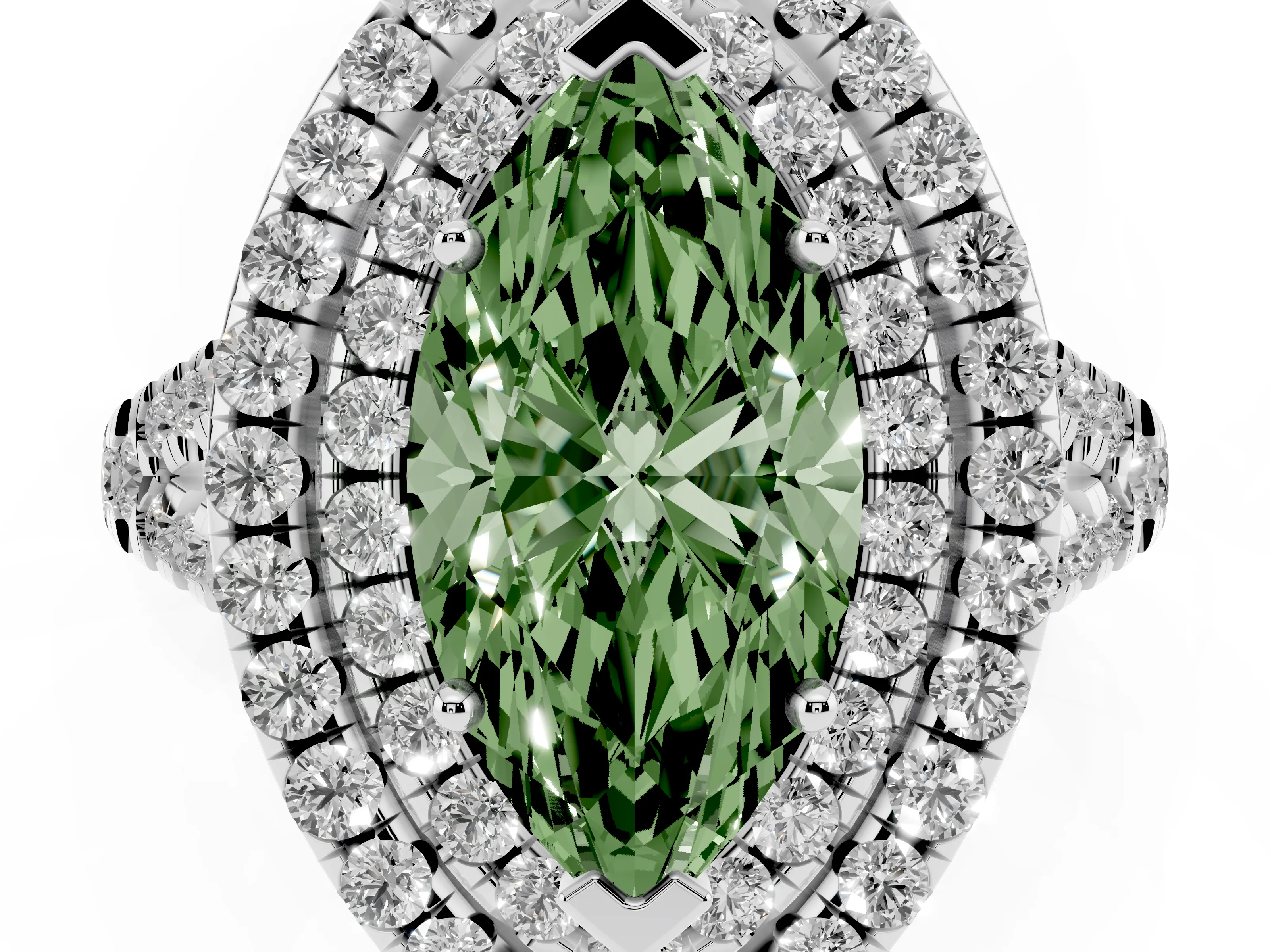 Fancy Green Marquise Cut Diamond Double Halo Ring Set in Platinum with Pavé Split Shank and Prong Setting