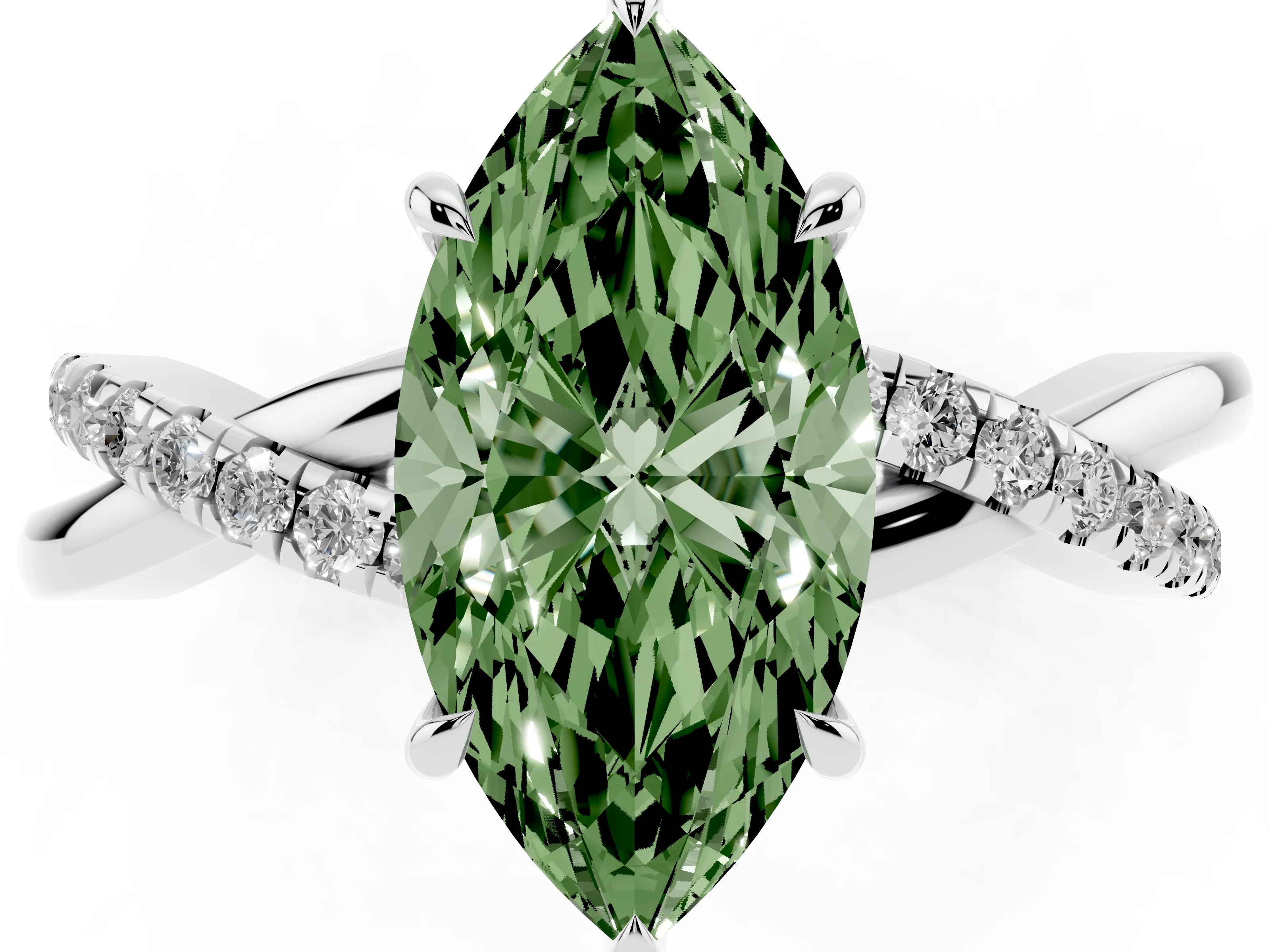 Fancy Green Marquise Cut Diamond Twisted Pavé Band Ring Set in Silver with Prong Setting