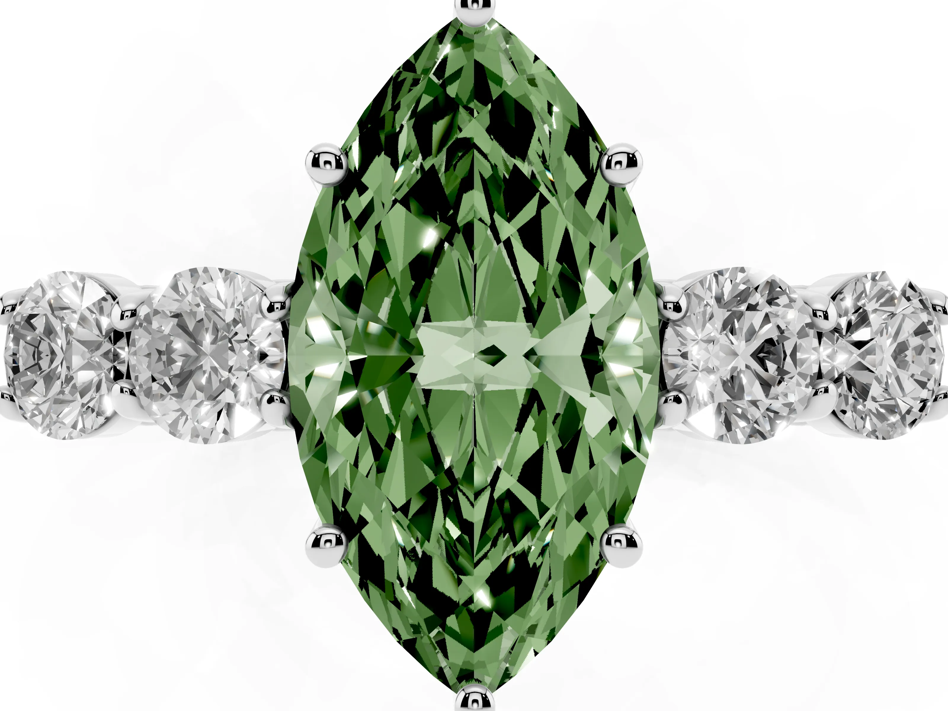 Fancy Green Marquise Cut Diamond Five-Stone Prong Set Band Ring Set in White gold with Polished Band