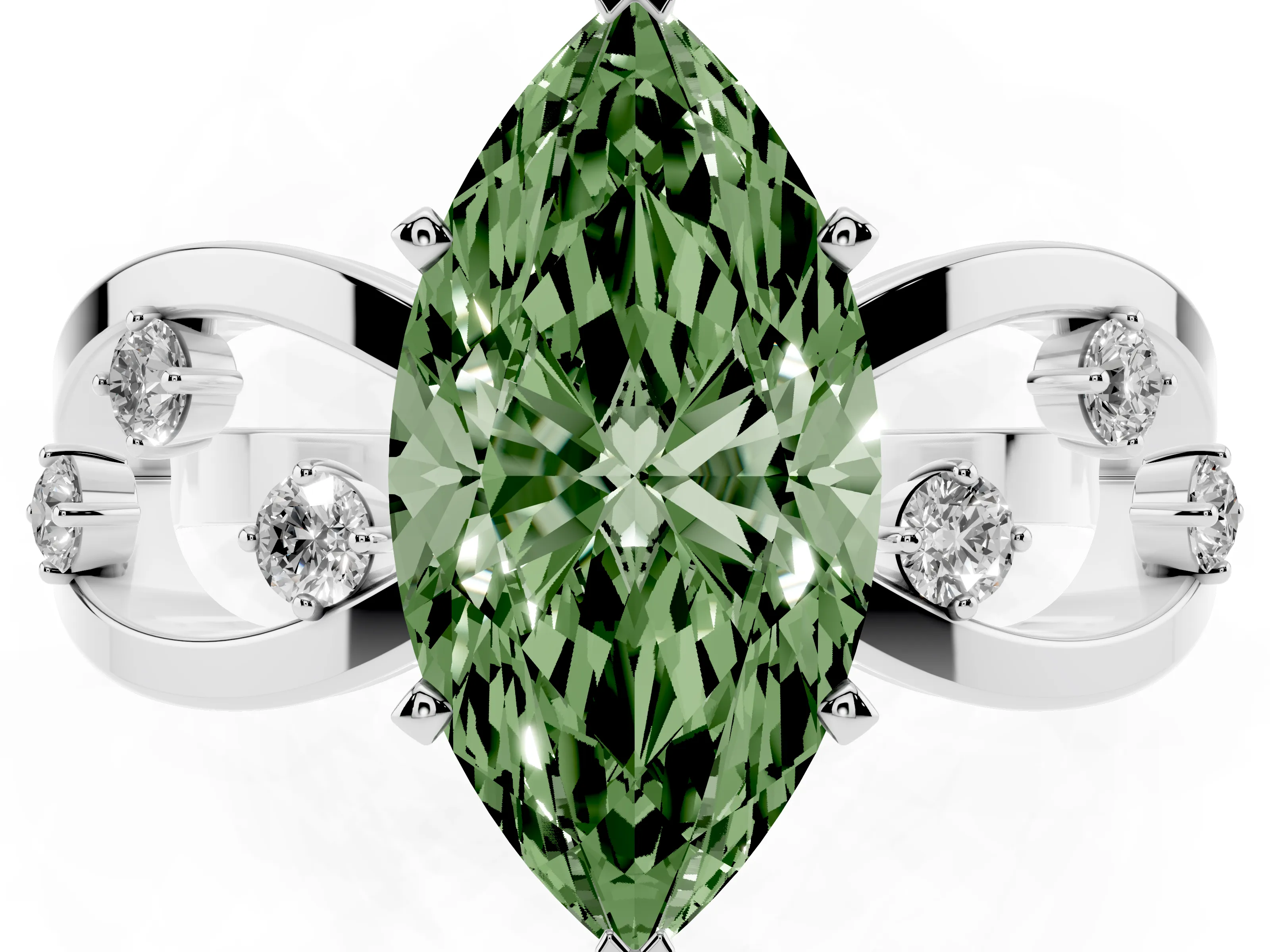 Fancy Green Marquise Cut Diamond Solitaire Ring Set in White gold with Side Stones on Criss-Cross Band and Prong Setting