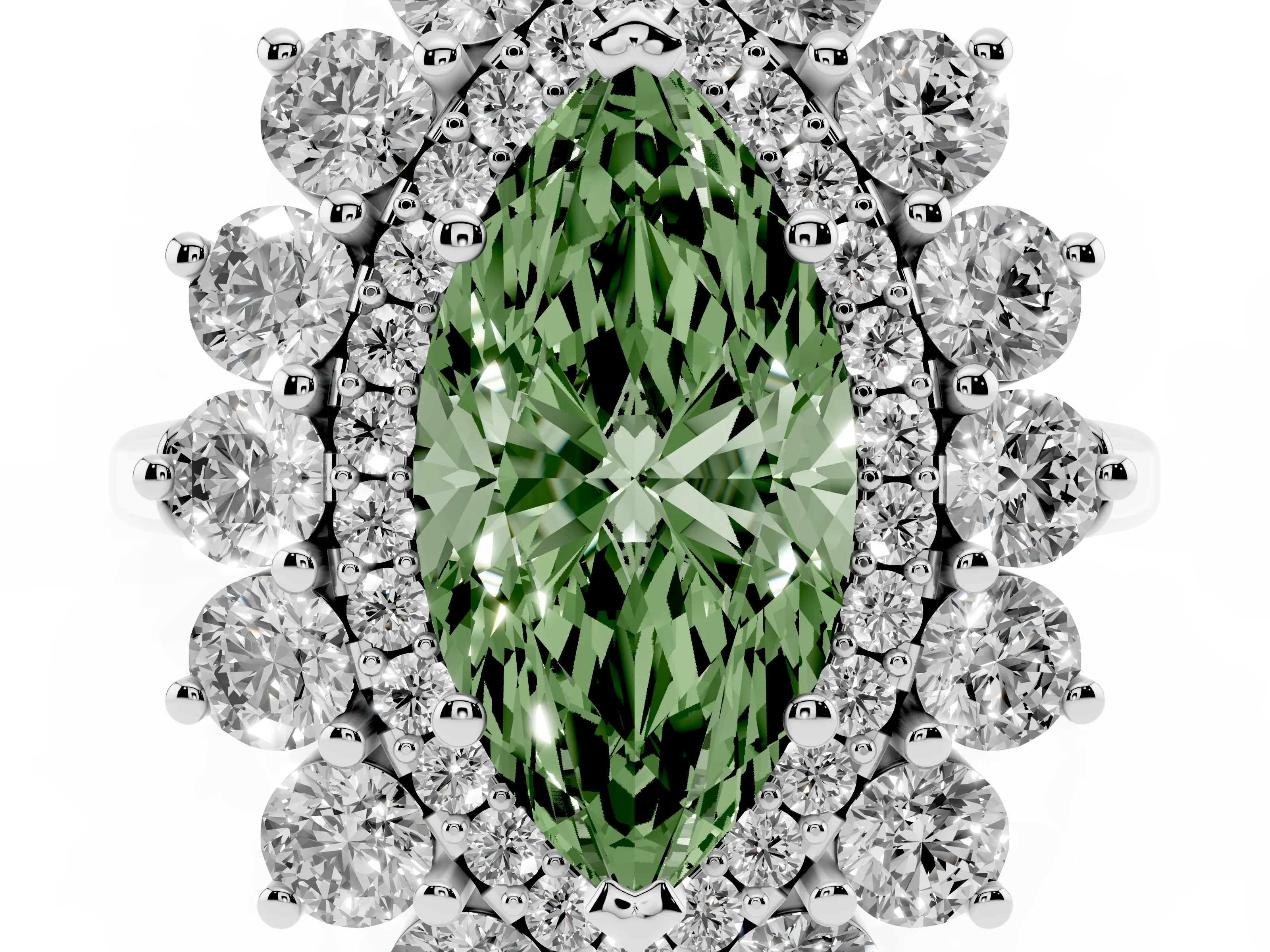 Fancy Green Marquise Cut Diamond Floral Double Halo Ring Set in Silver with Round Petals