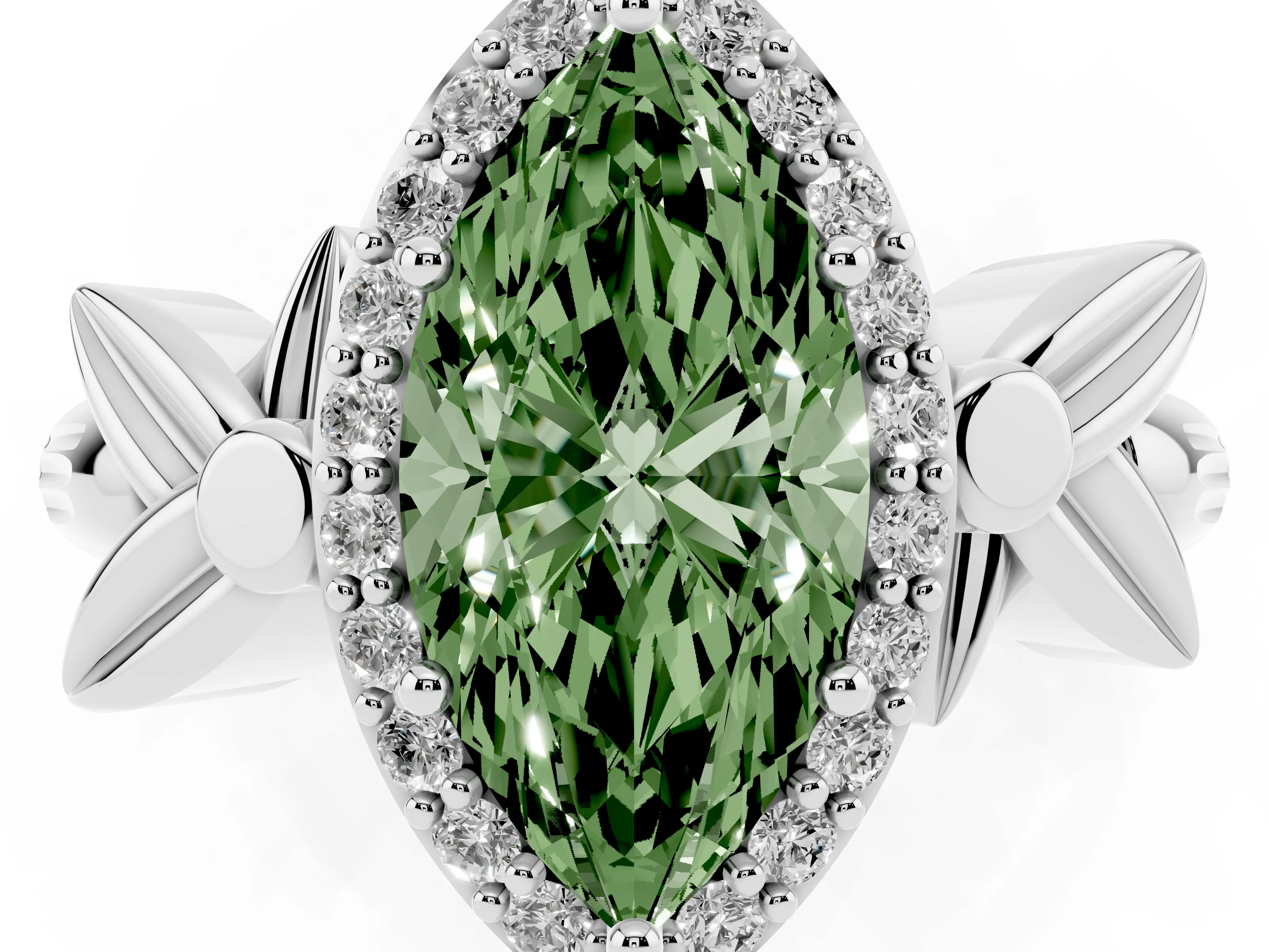 Fancy Green Marquise Cut Diamond Halo Floral Band Ring Set in White gold with Prong Setting