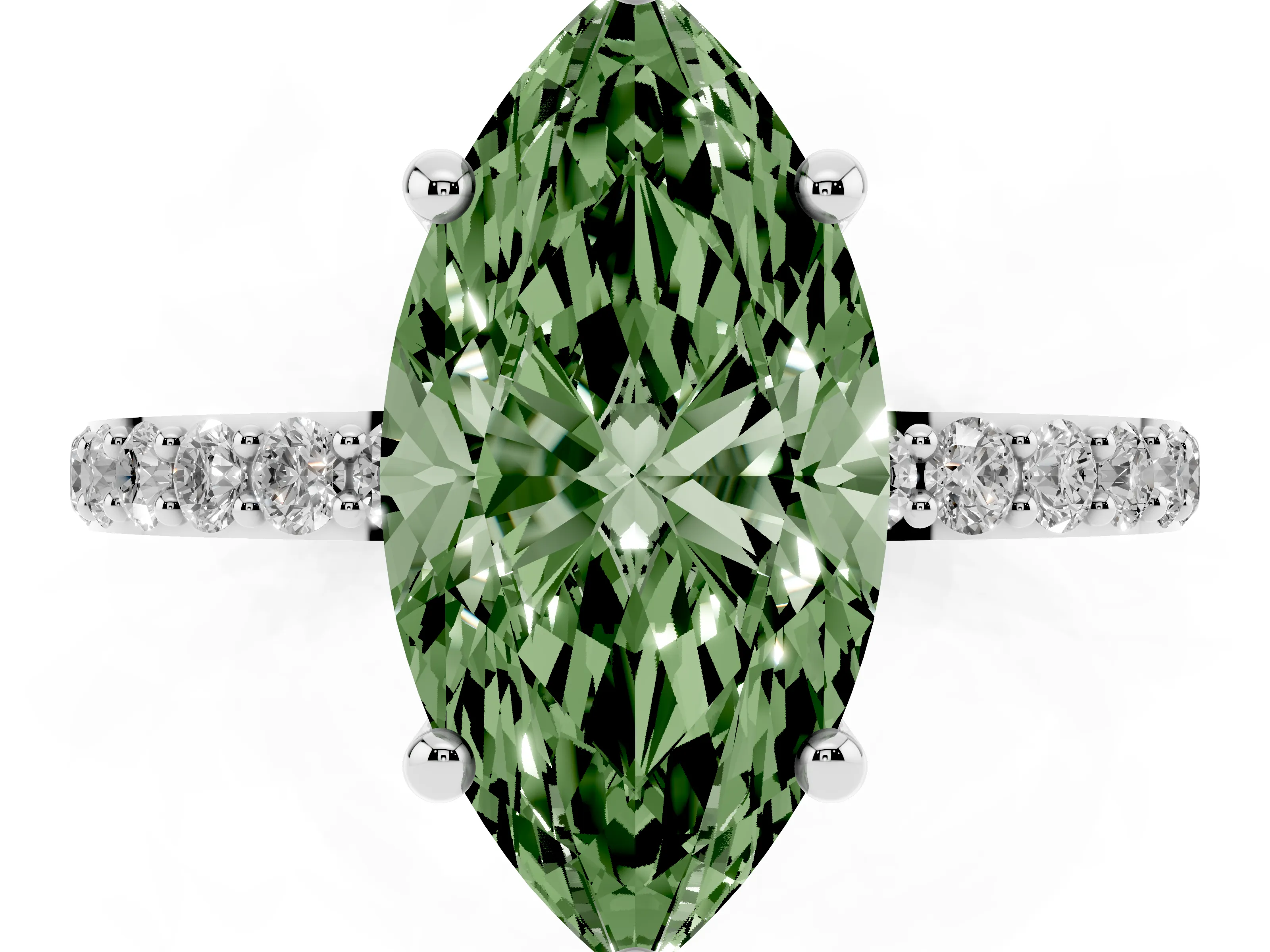 Fancy Green Marquise Cut Diamond Solitaire Ring Set in Silver with Round Pavé Band and Prong Setting