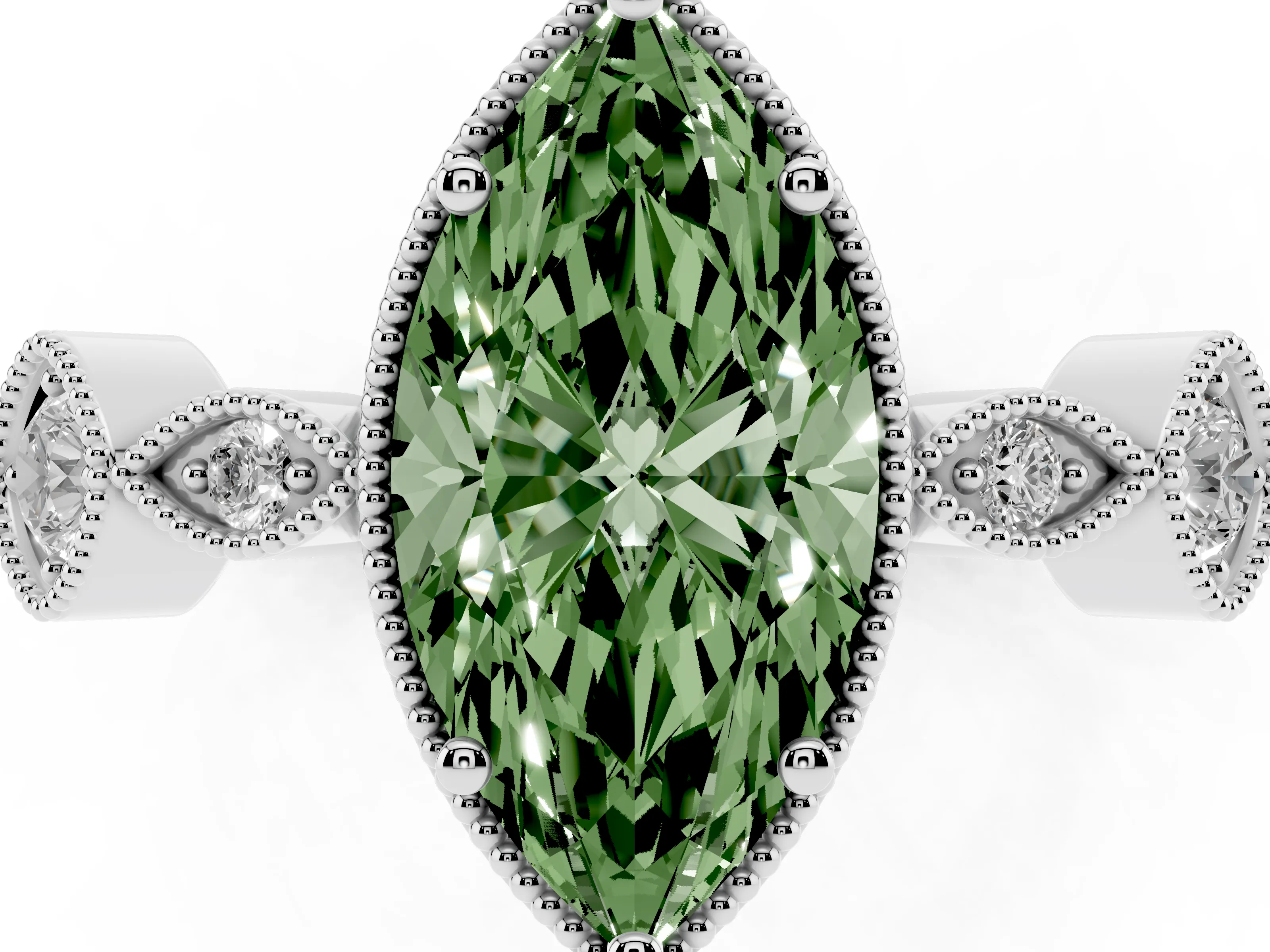 Fancy Green Marquise Cut Diamond Vintage-Inspired Milgrain Ring Set in Silver with Marquise Stations of Round Accents