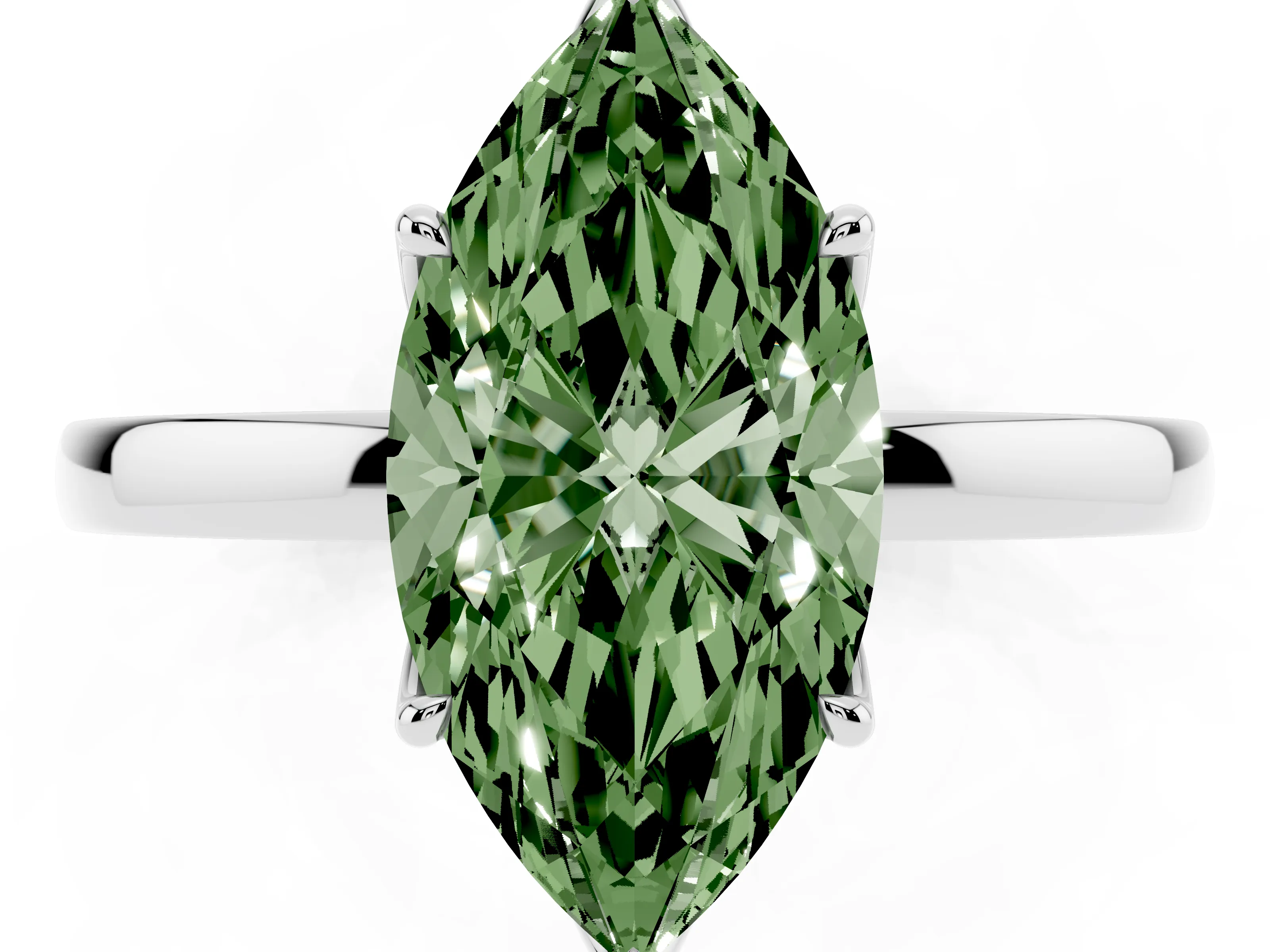 Fancy Green Marquise Cut Diamond Solitaire Ring Set in White gold with Prong Setting and Thin Polished Band