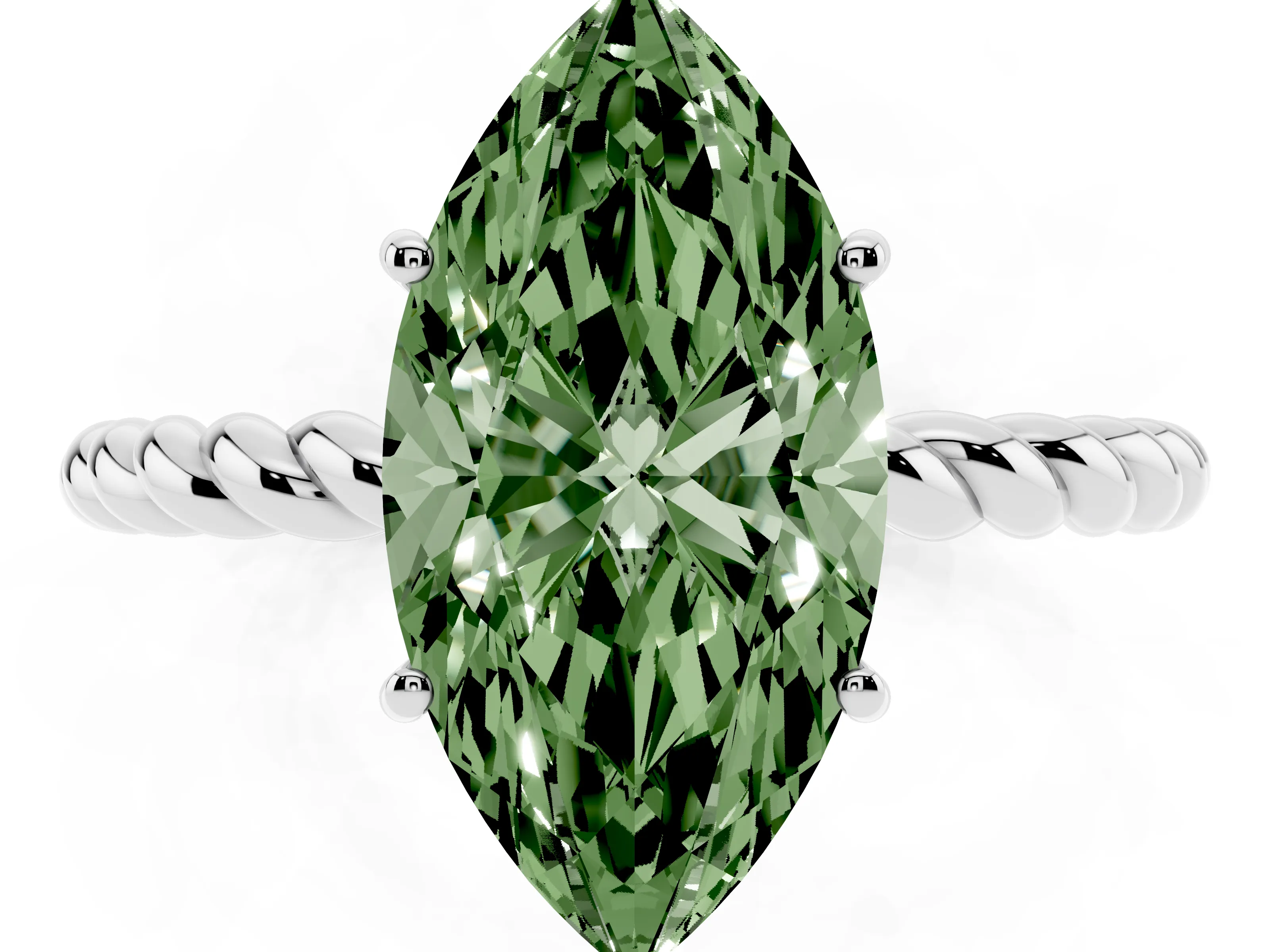 Fancy Green Marquise Cut Diamond Solitaire Ring Set in Silver with Twist Band and Prong Setting