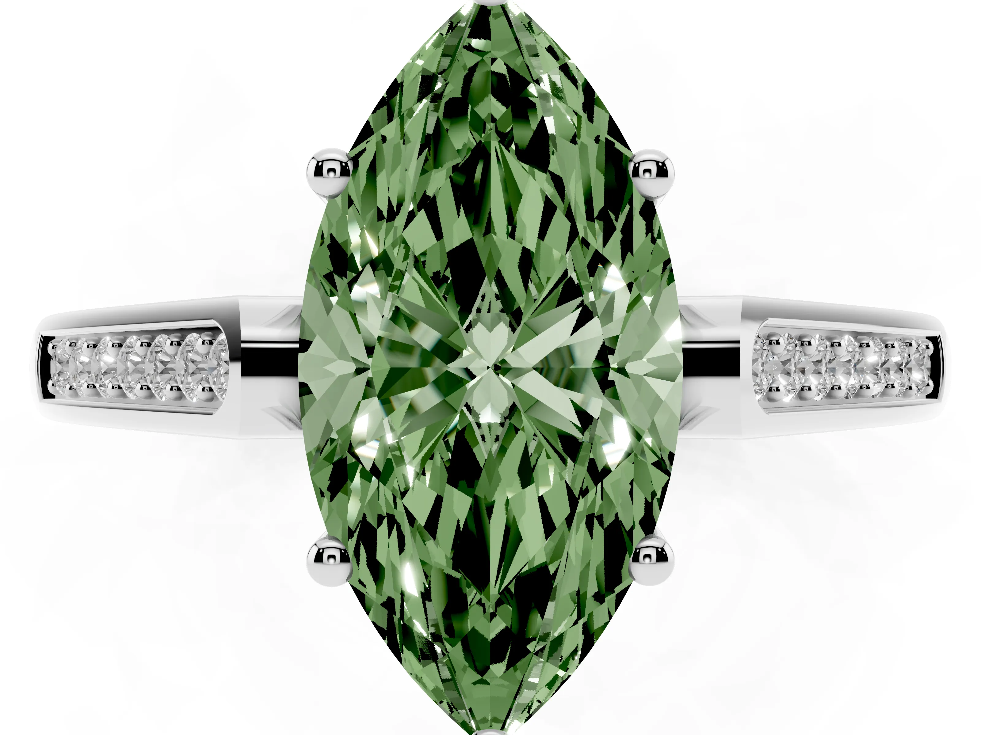 Fancy Green Marquise Cut Diamond Solitaire Cathedral Engagement Ring Set in White gold with Channel-Set Band and Prong Setting