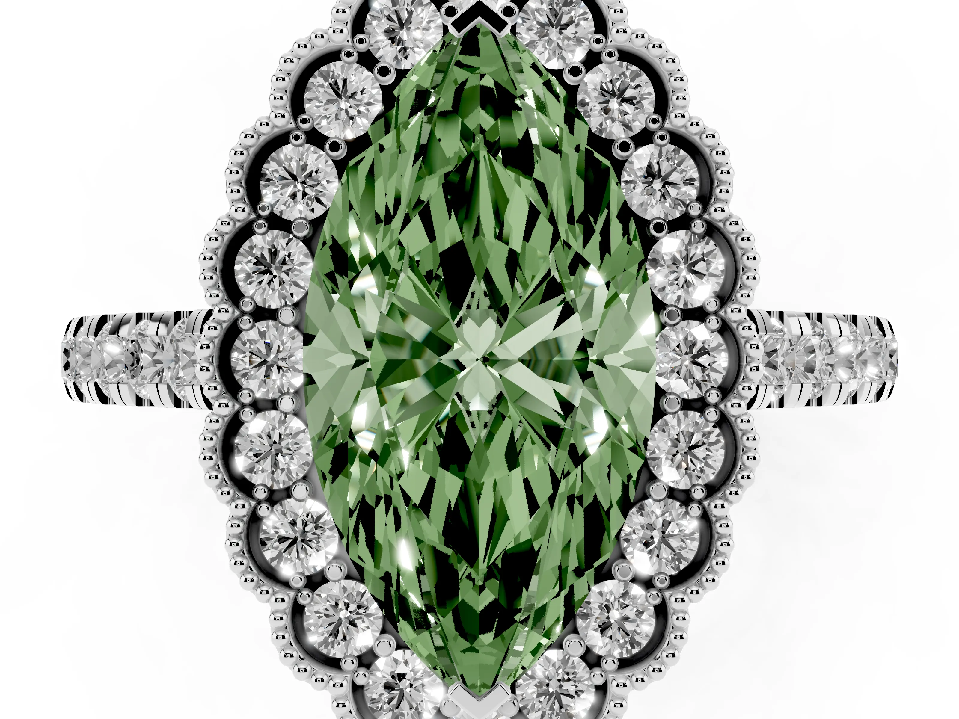 Fancy Green Marquise Cut Diamond Milgrain Floral Halo Engagement Ring Set in White gold with Pavé Band