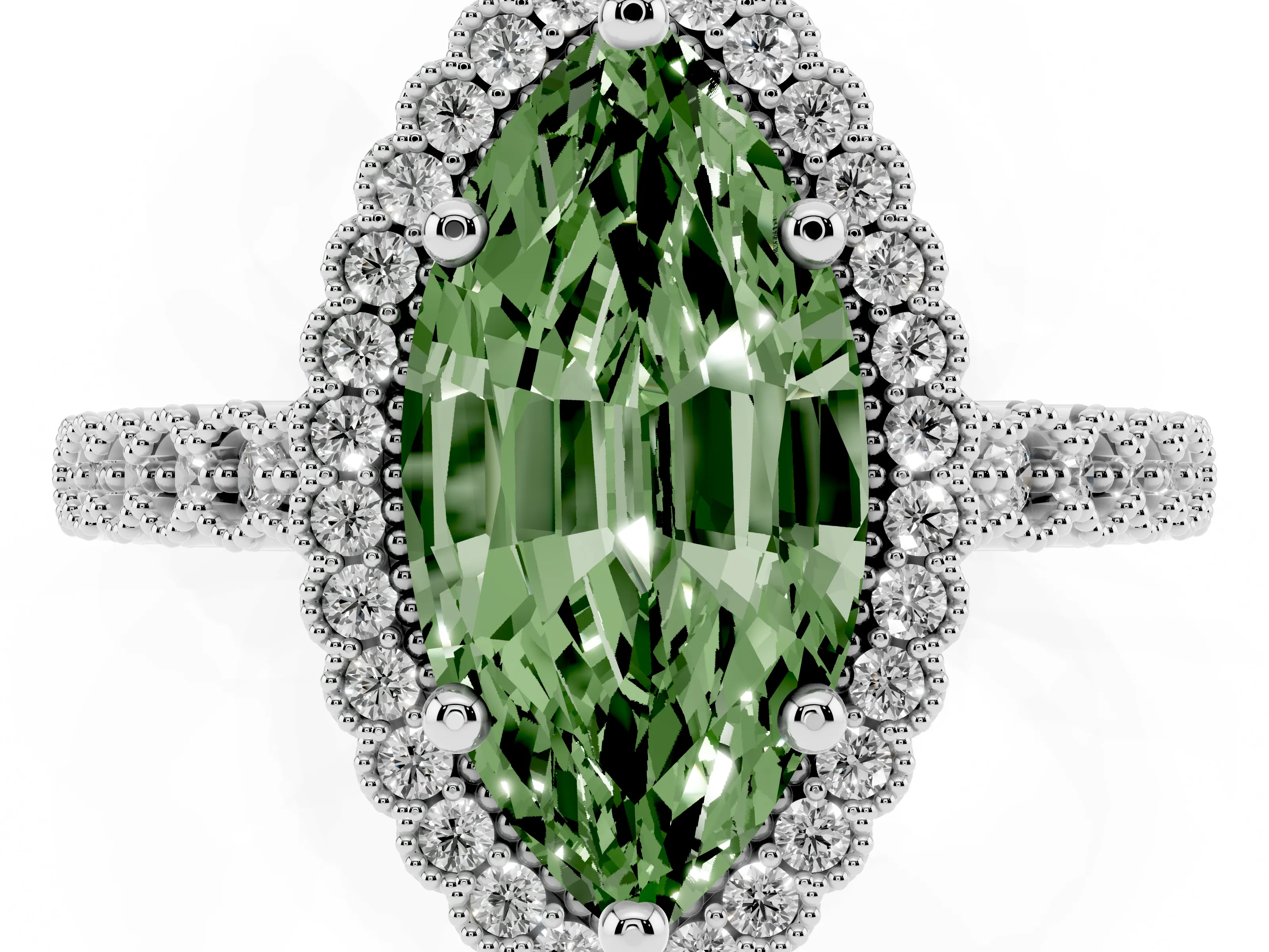 Fancy Green Marquise Cut Diamond Halo Ring Set in Silver with Pavé Milgrain Band
