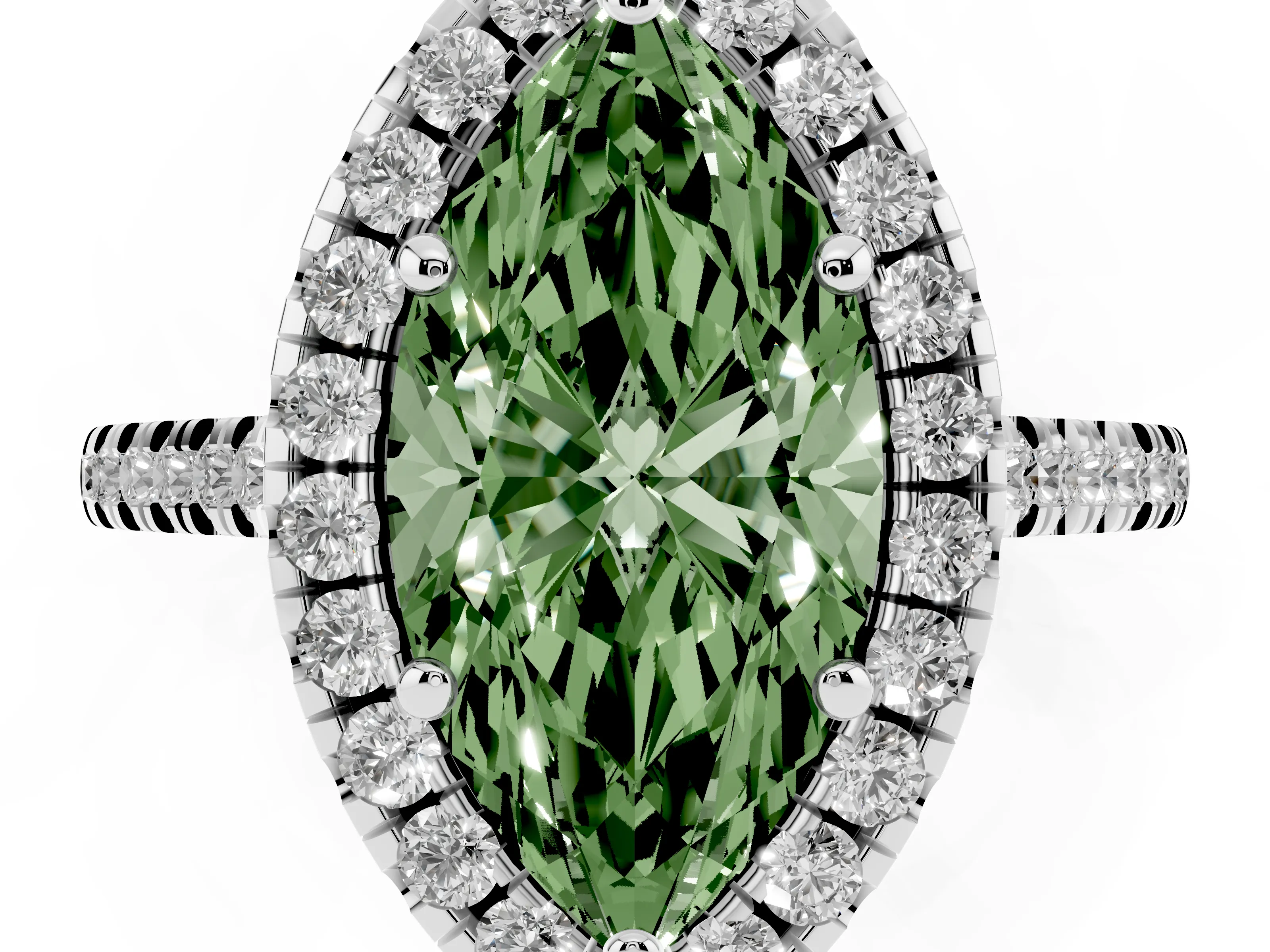 Fancy Green Marquise Cut Diamond Cushion Halo Ring Set in White gold with Pavé Band