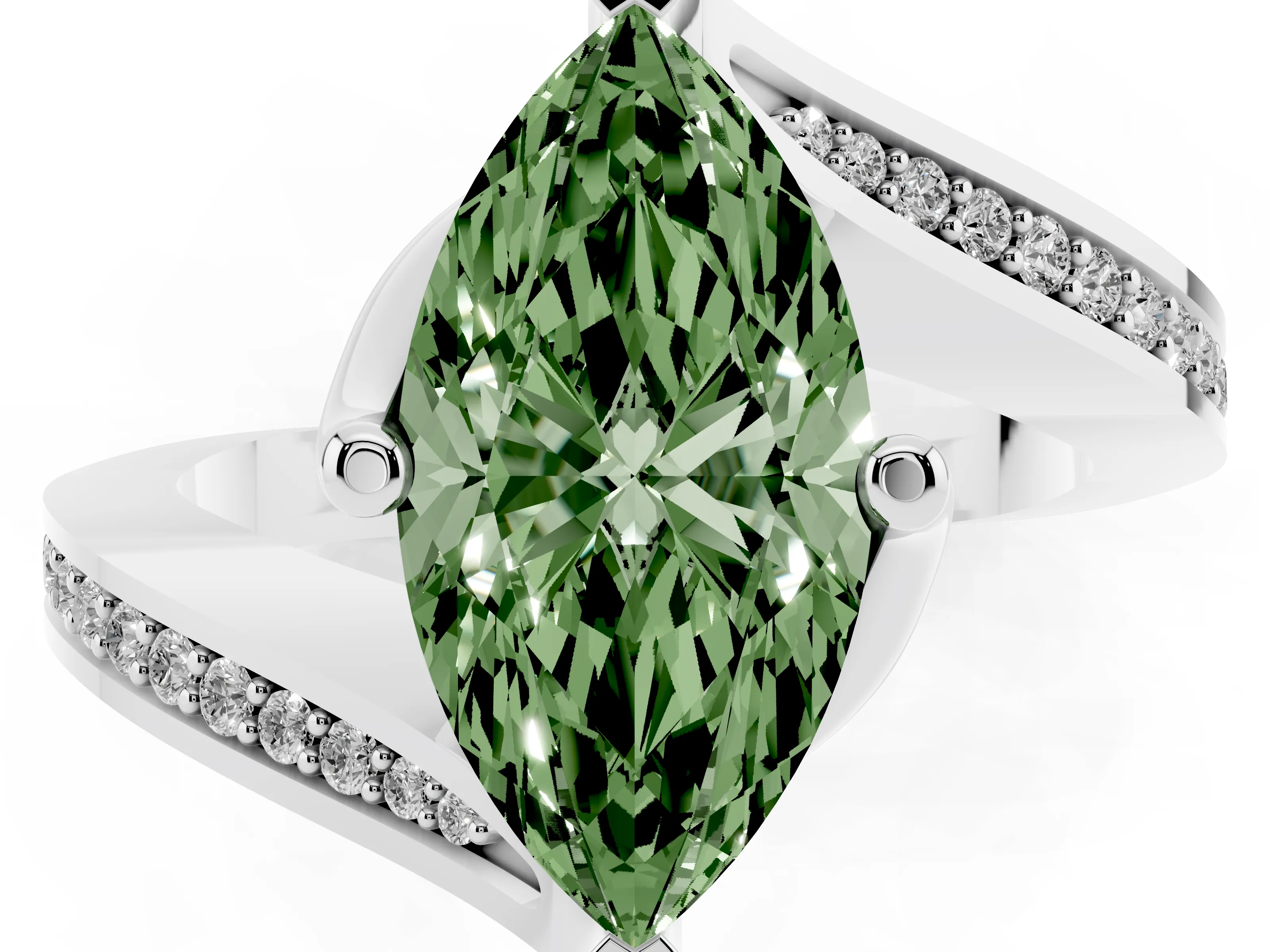 Fancy Green Marquise Cut Diamond Solitaire Ring Set in Silver with Intertwined Pavé Twist Band