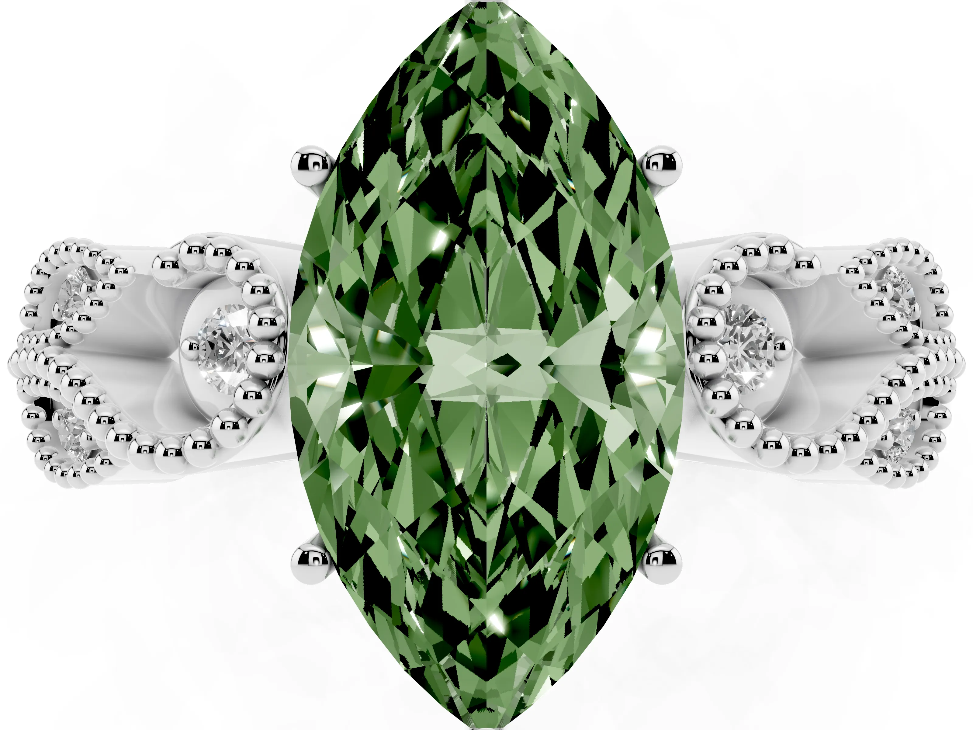 Fancy Green Marquise Cut Diamond Milgrain Leaf Band Solitaire Ring Set in Silver with Accent Stones and Prong Setting