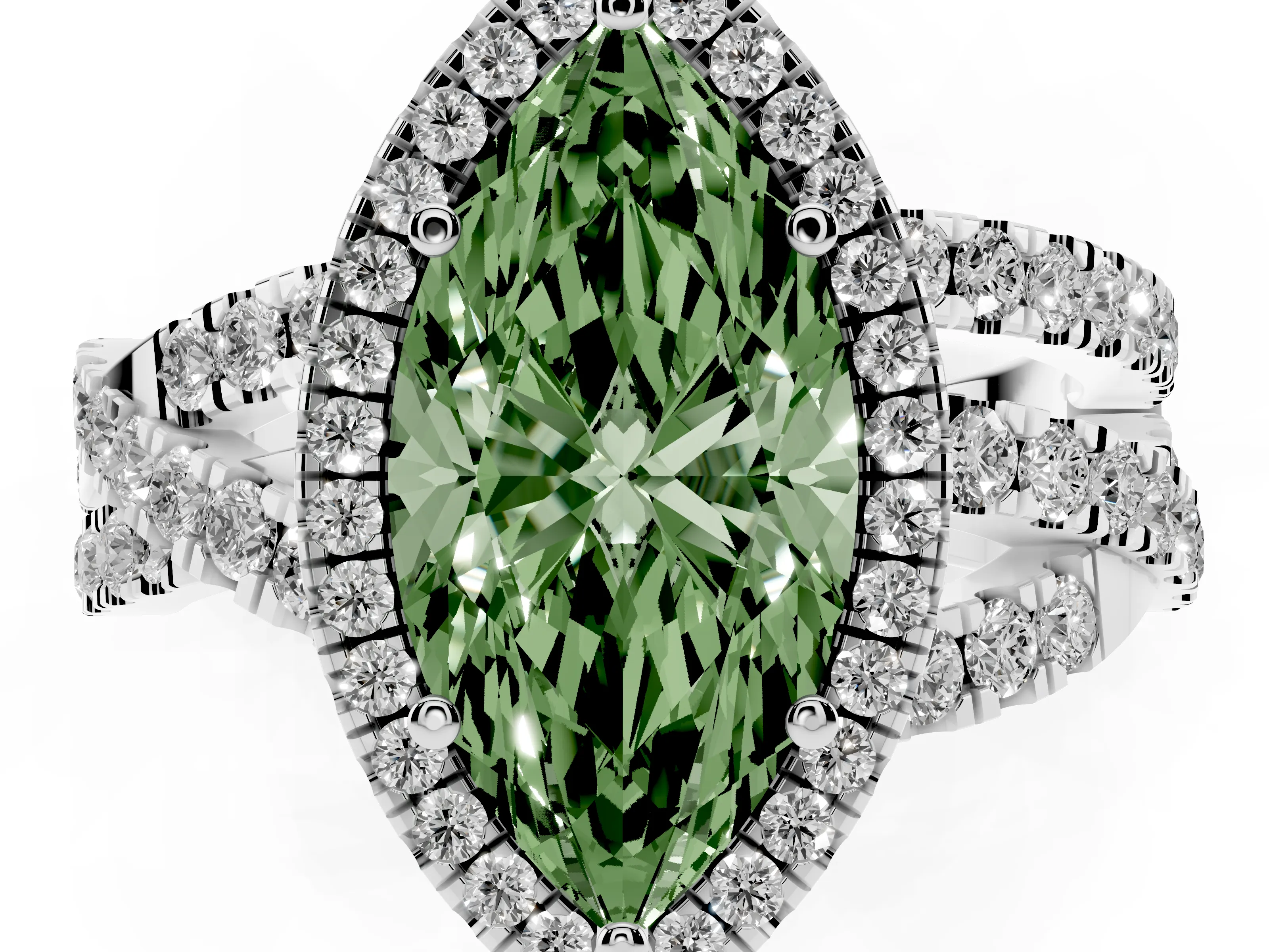 Fancy Green Marquise Cut Diamond Halo Ring Set in Platinum with Round Crossover Split Shank and Prong Setting
