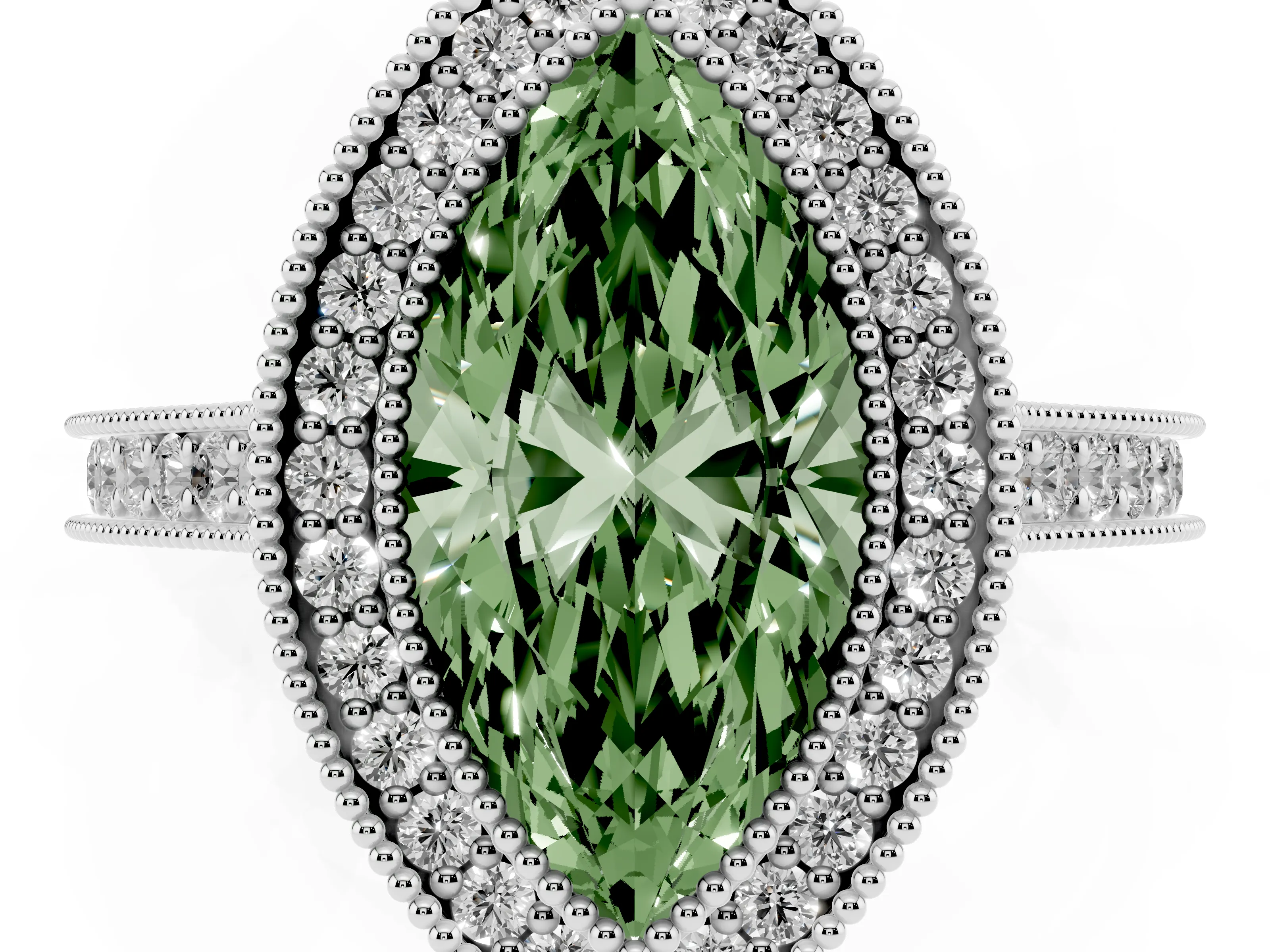 Fancy Green Marquise Cut Diamond Halo Milgrain Pavé Band Ring Set in Platinum with Prong Setting
