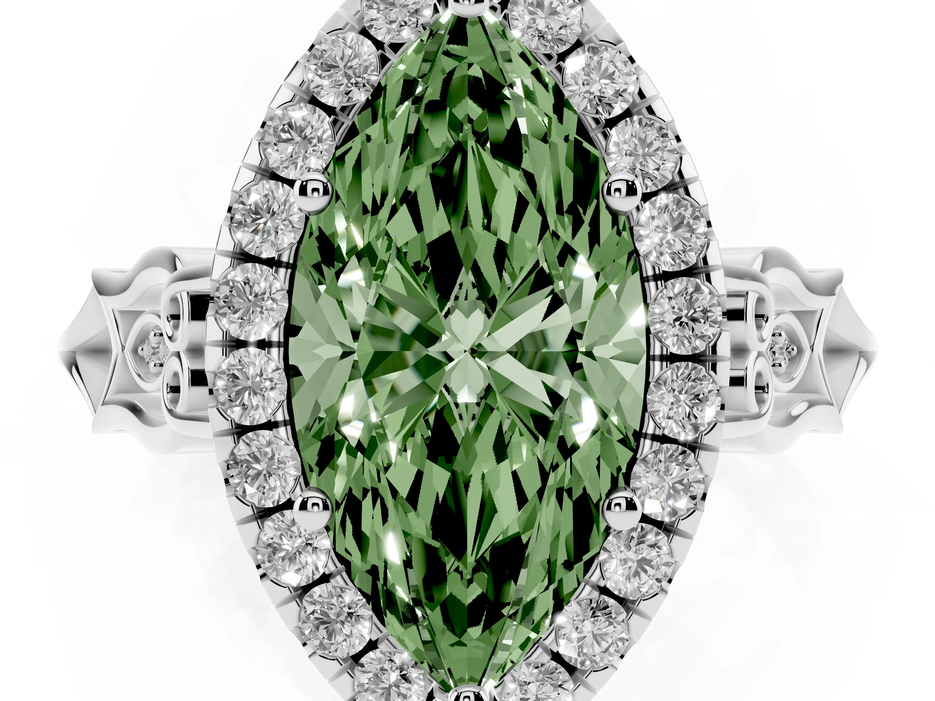 Fancy Green Marquise Cut Diamond Halo Engagement Ring Set in White gold with Filigree Band and Prong-Set Center