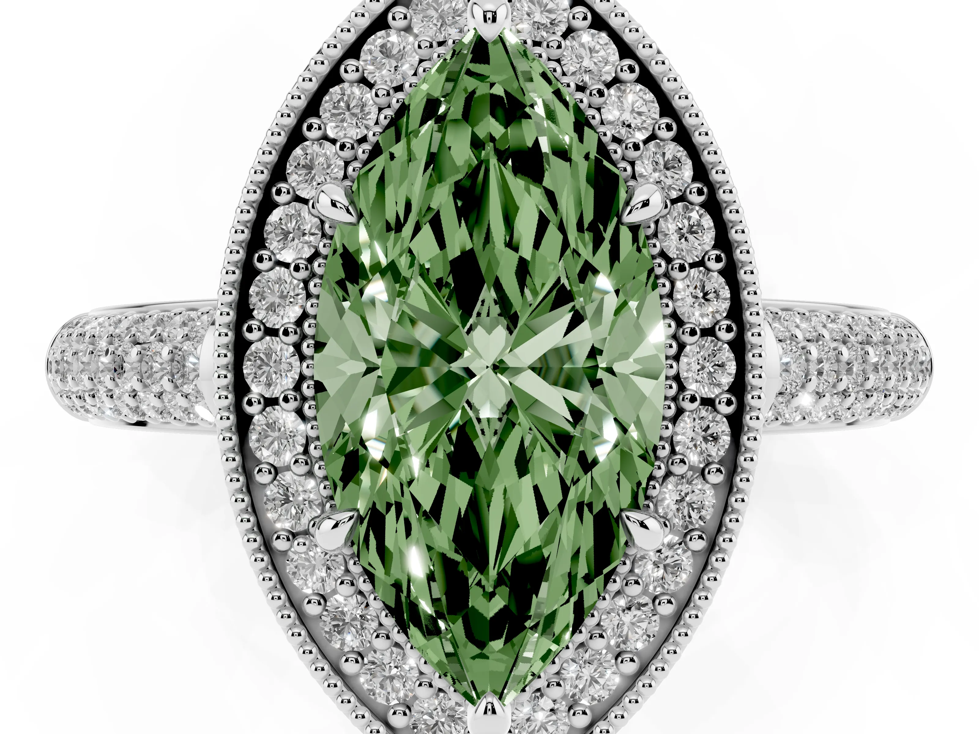 Fancy Green Marquise Cut Diamond Halo Pavé Band Set in White gold with Prong Setting