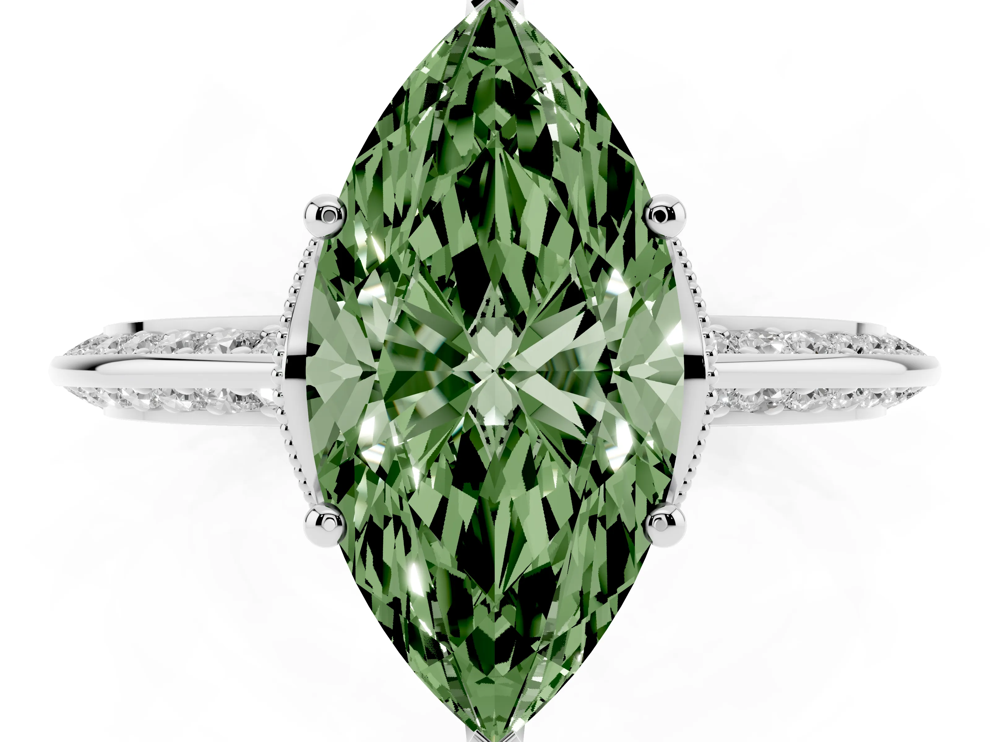Fancy Green Marquise Cut Diamond Solitaire Engagement Ring Set in Silver with Pavé Split Shank and Prong Setting