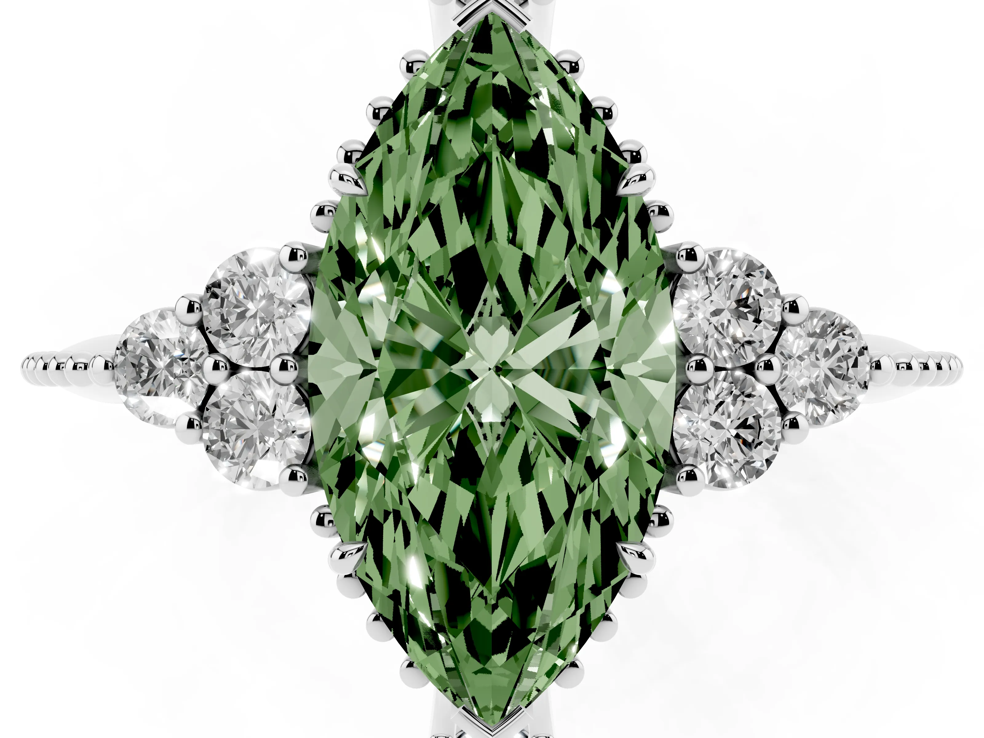 Fancy Green Marquise Cut Diamond Cluster Ring Set in Silver with Beaded Band